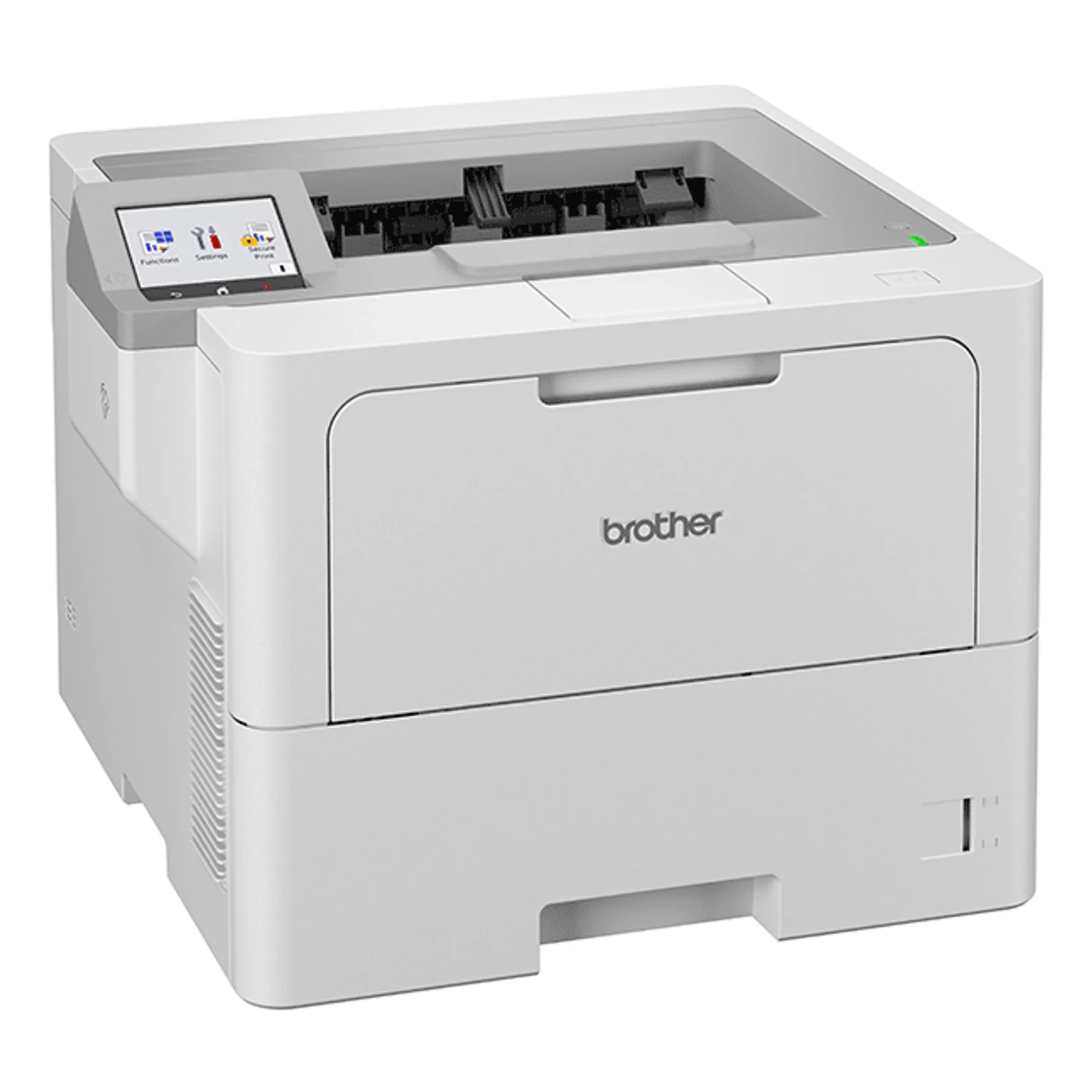 Imprimante laser Brother HL-L6410DN vue de trois quarts avec ouïes de ventilation latérales et bac papier visible