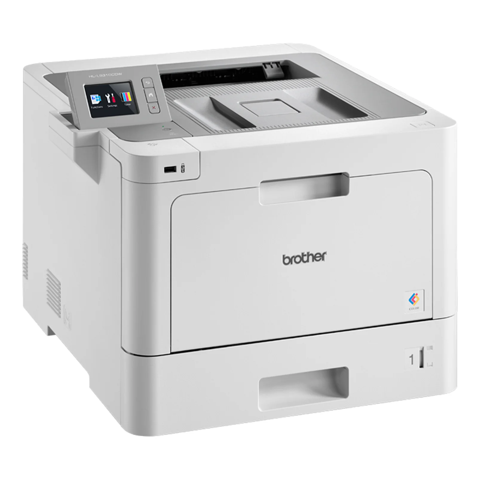 Imprimante Brother HL-L9310CDW vue arrière trois quarts avec écran orienté et trappe d'accès aux toners