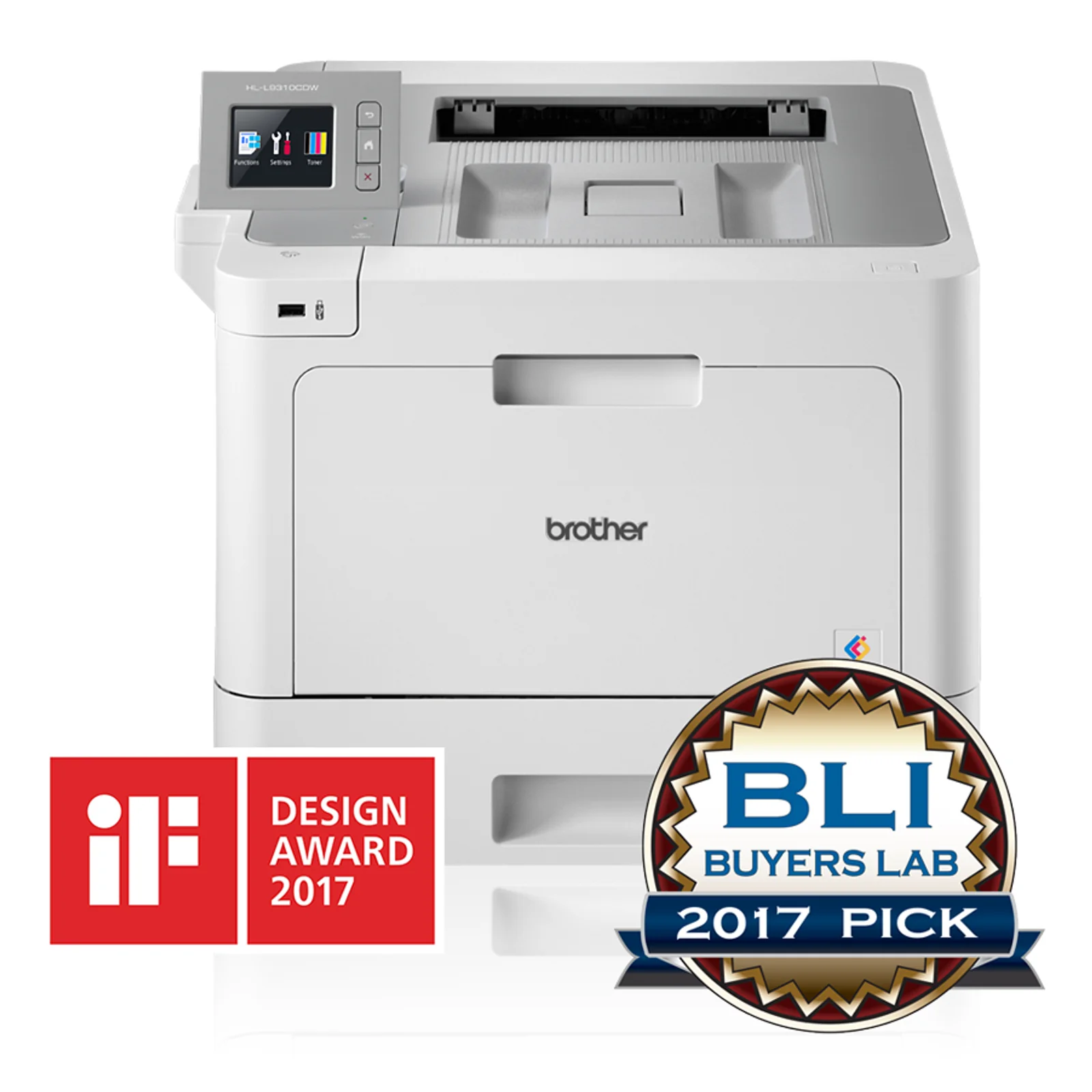 Brother HL-L9310CDW de face avec badges iF Design Award 2017 et BLI Buyers Lab 2017 Pick