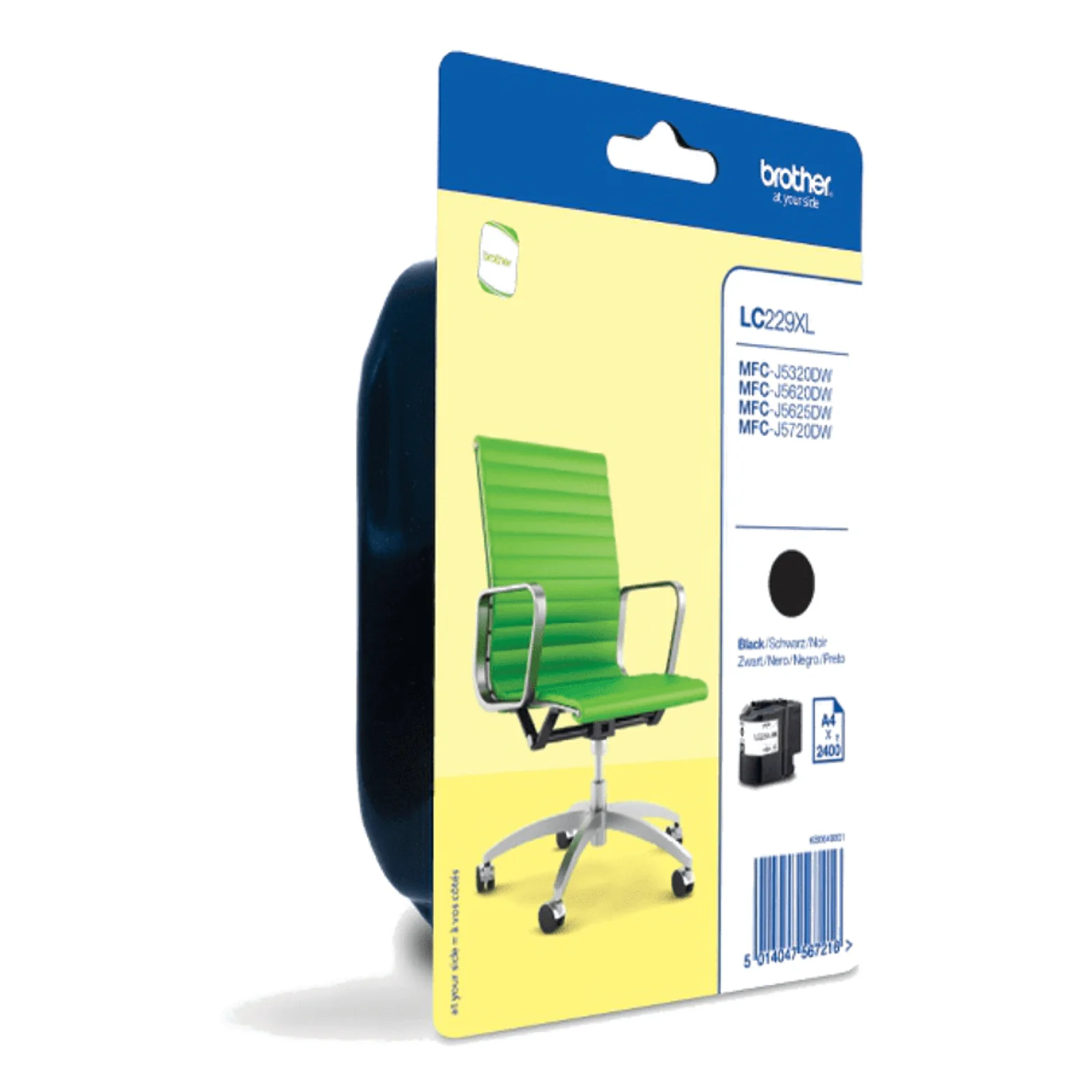 Emballage Brother LC229XL en blister vu de trois quarts avec fauteuil de bureau vert et code-barres visible en bas