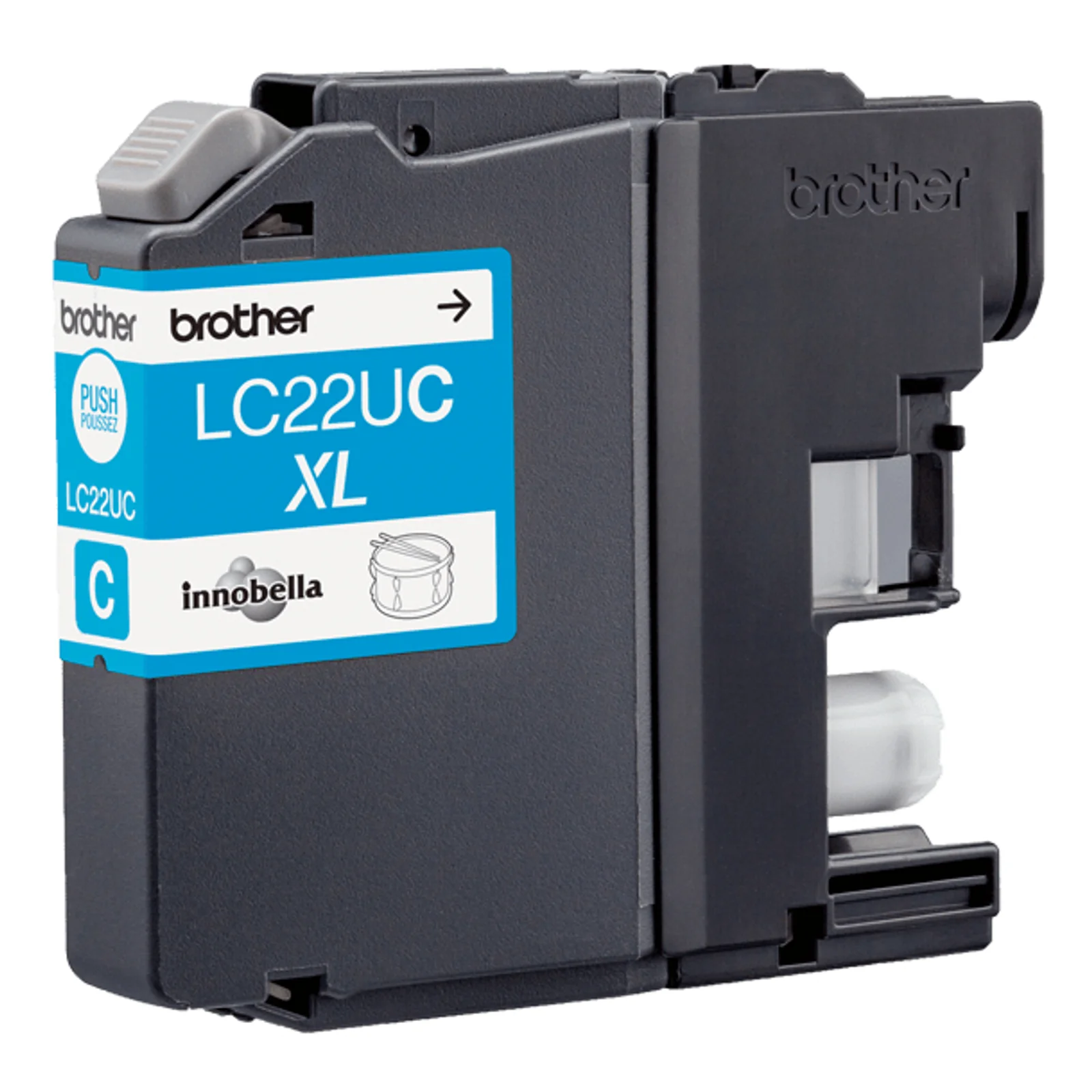 Cartouche d'encre Brother LC22UC XL cyan vue trois quarts avec étiquette innobella