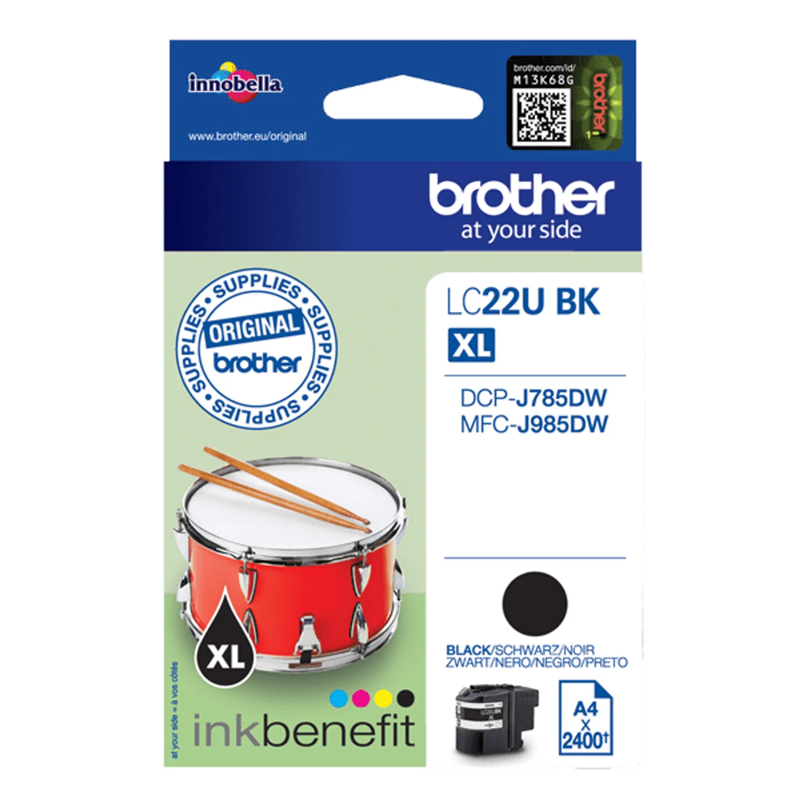 Avant de l'emballage Brother LC22U BK XL avec mention Original brother et logo InkBenefit