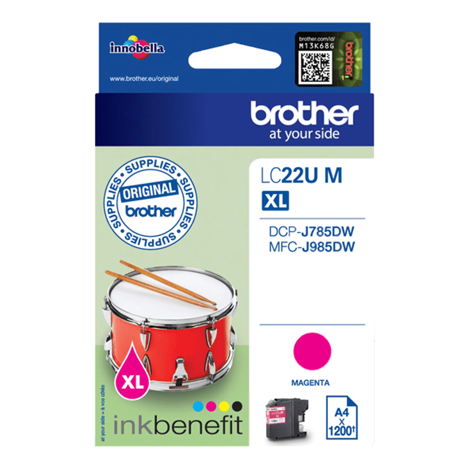 Emballage Brother LC22UM XL magenta vu de face avec mention 1200 pages A4