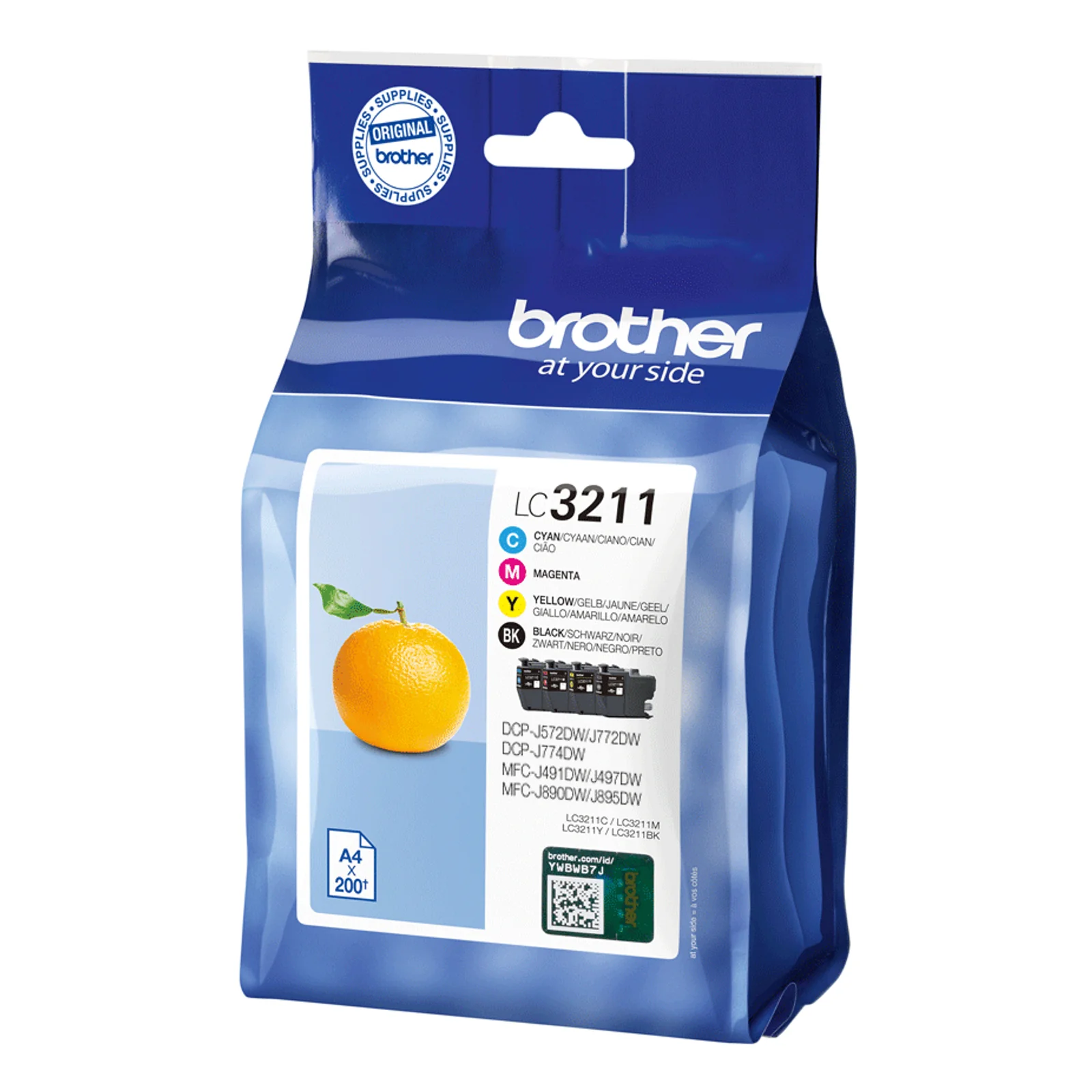 Sachet bleu Brother LC3211 multipack vu de trois quarts avec orange illustrée et photo des 4 cartouches