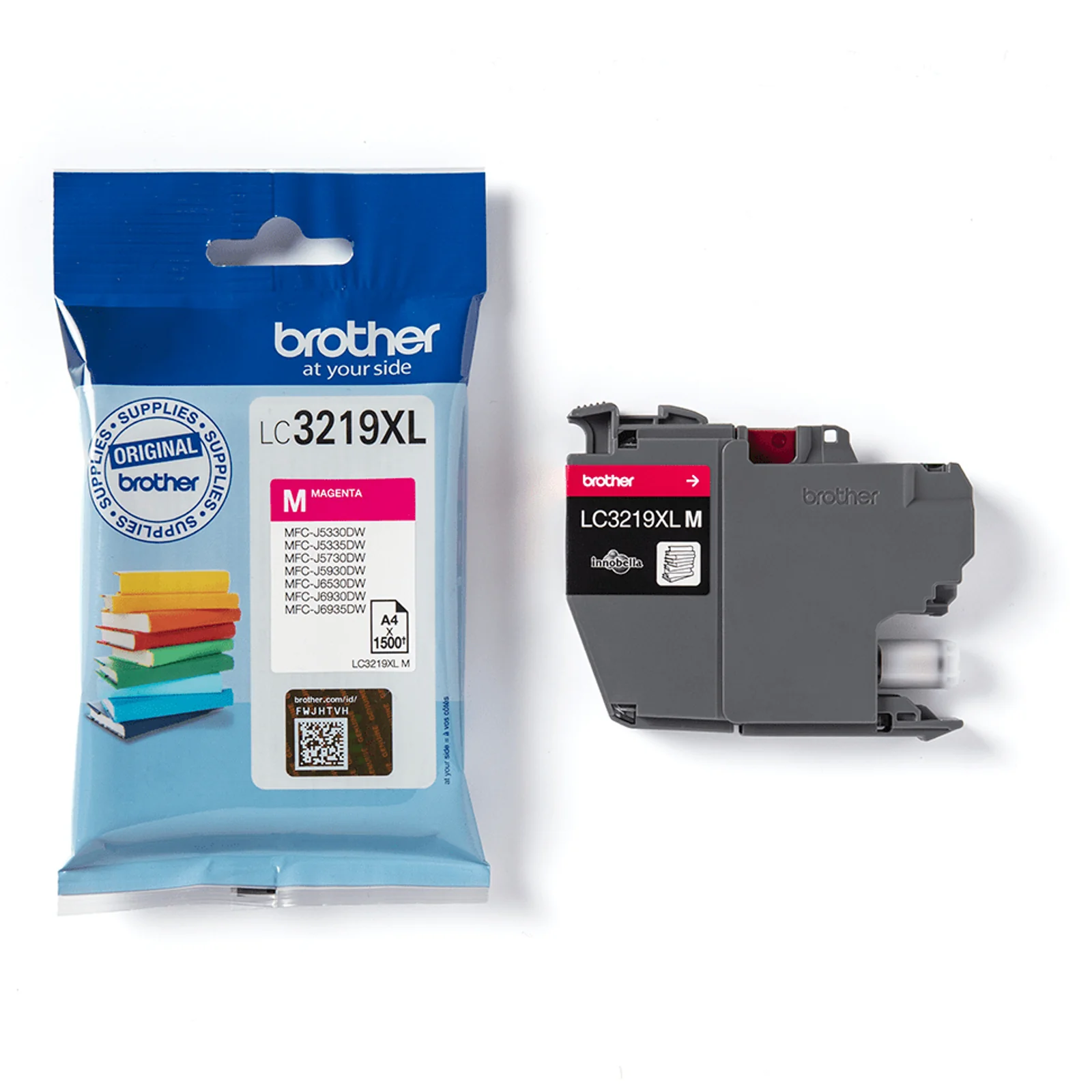 Sachet bleu Brother LC3219XL et cartouche grise à étiquette magenta posés côte à côte sur fond blanc