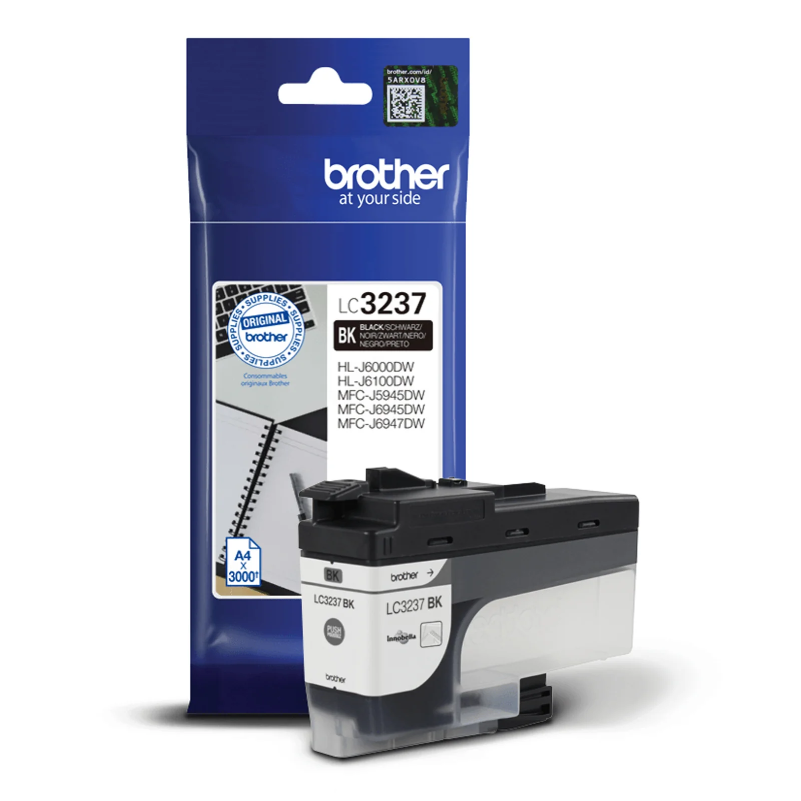 Pochette bleue Brother LC3237BK noire face avant et cartouche noire visible à droite