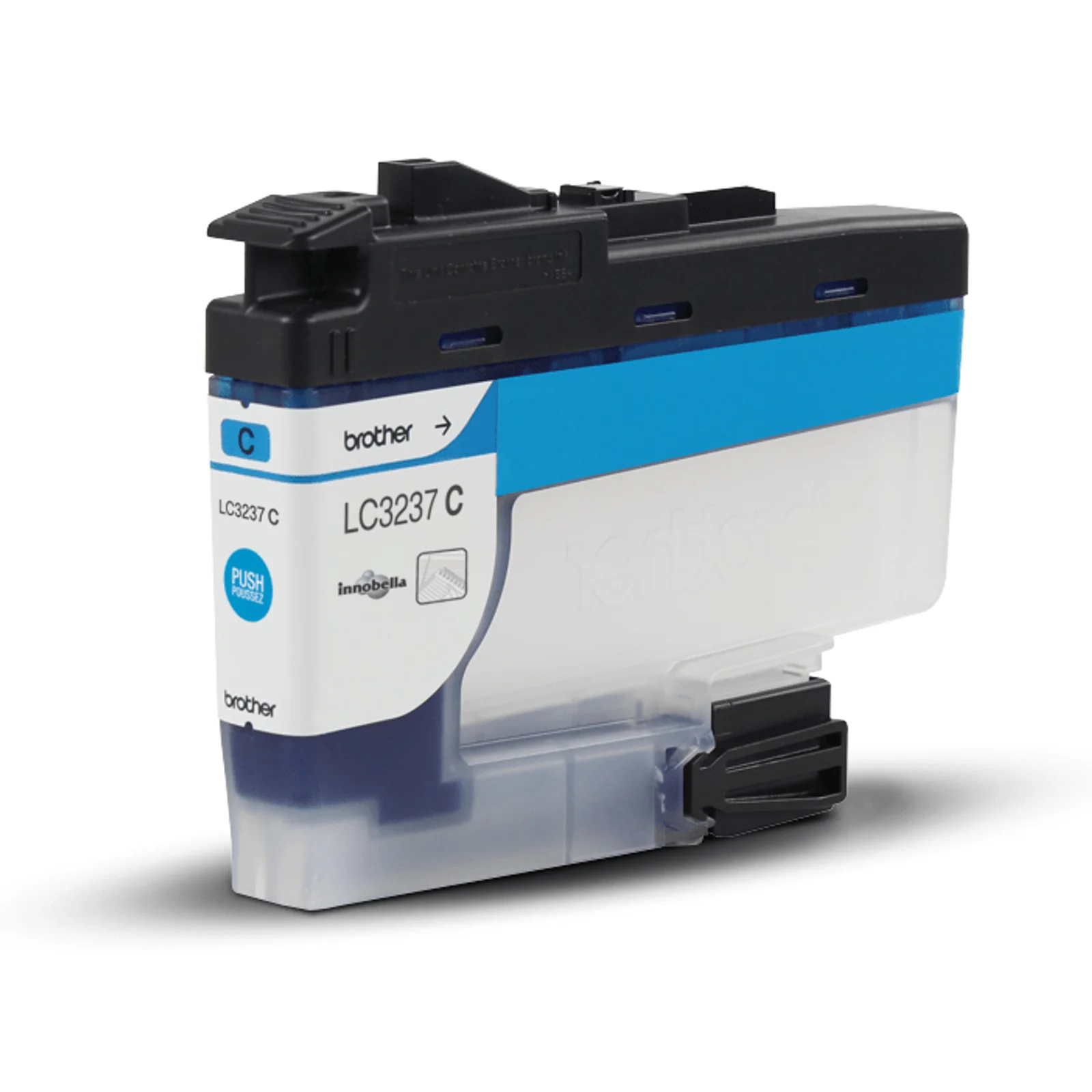 Cartouche d'encre cyan Brother LC3237 C transparente avec bouchon noir vue de trois quarts