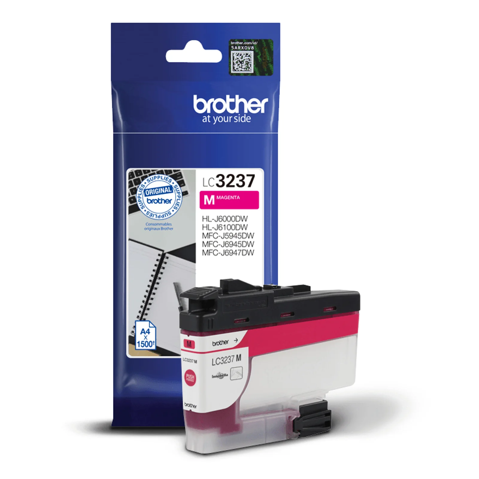 Sachet bleu Brother LC3237 M magenta posé à côté de la cartouche transparente avec étiquette LC3237 M visible