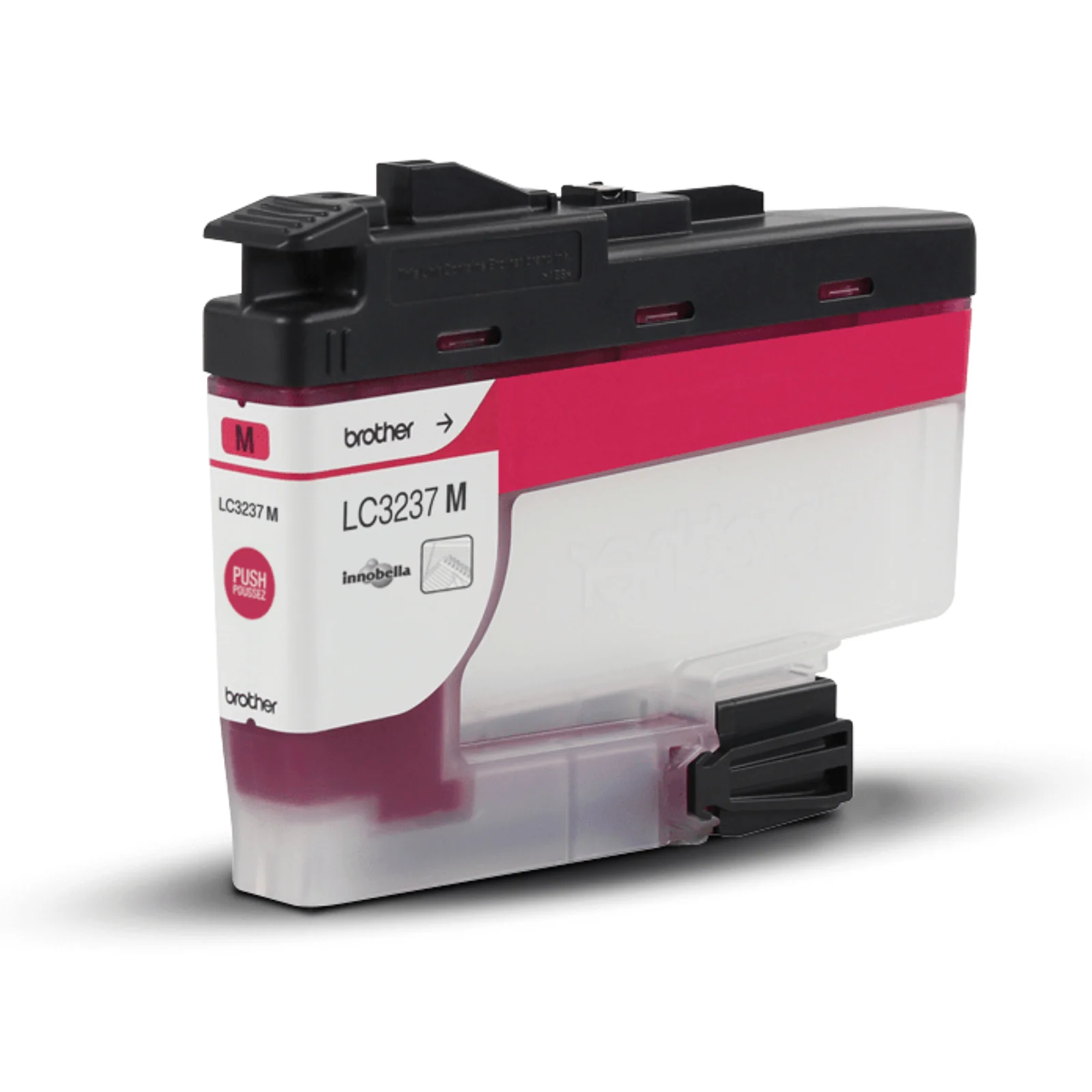 Cartouche d'encre Brother LC3237 M magenta isolée, étiquette Push Poussez et logo Innobella sur le boîtier transparent