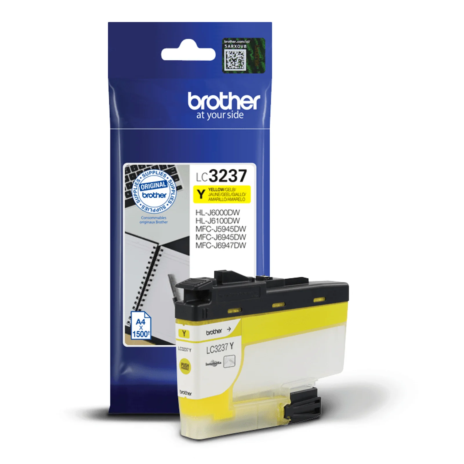Pochette bleue Brother LC3237Y jaune face avant et cartouche jaune visible à droite