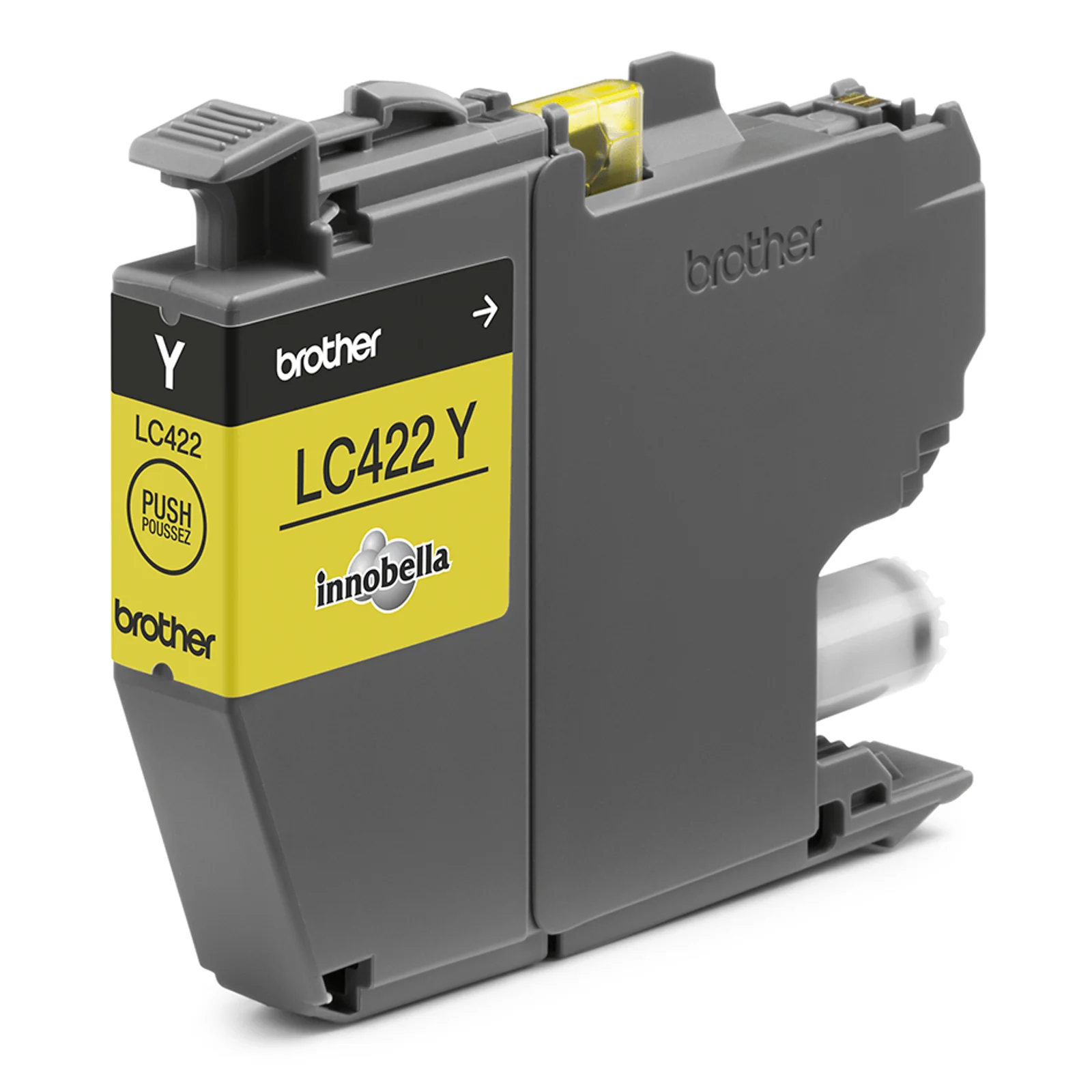 Cartouche Brother LC422 Y jaune vue trois-quarts, étiquette jaune avec marquage Innobella sur fond blanc