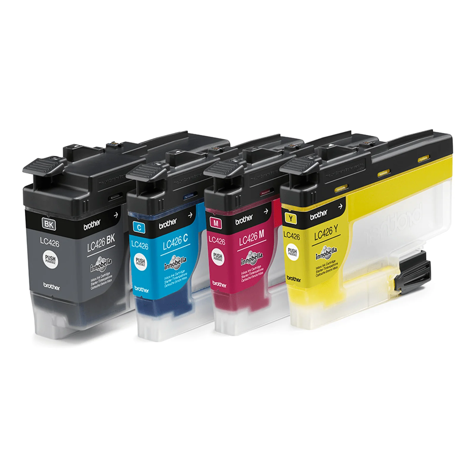 Quatre cartouches Brother LC426 noir cyan magenta et jaune alignées avec étiquettes innobella sur fond blanc