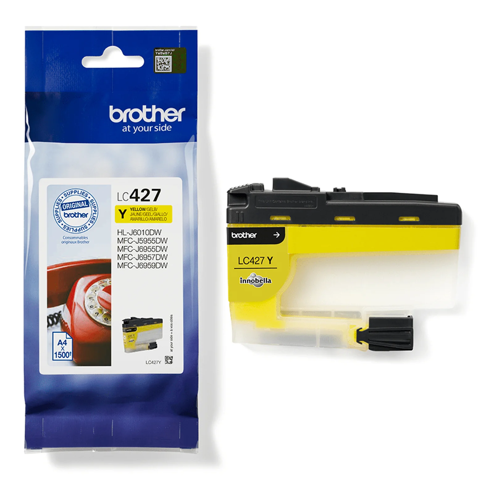 Pochette Brother LC427 jaune avec visuel téléphone rouge et liste des HL-J6010DW, MFC-J5955DW, J6955DW, J6957DW, J6959DW compatibles