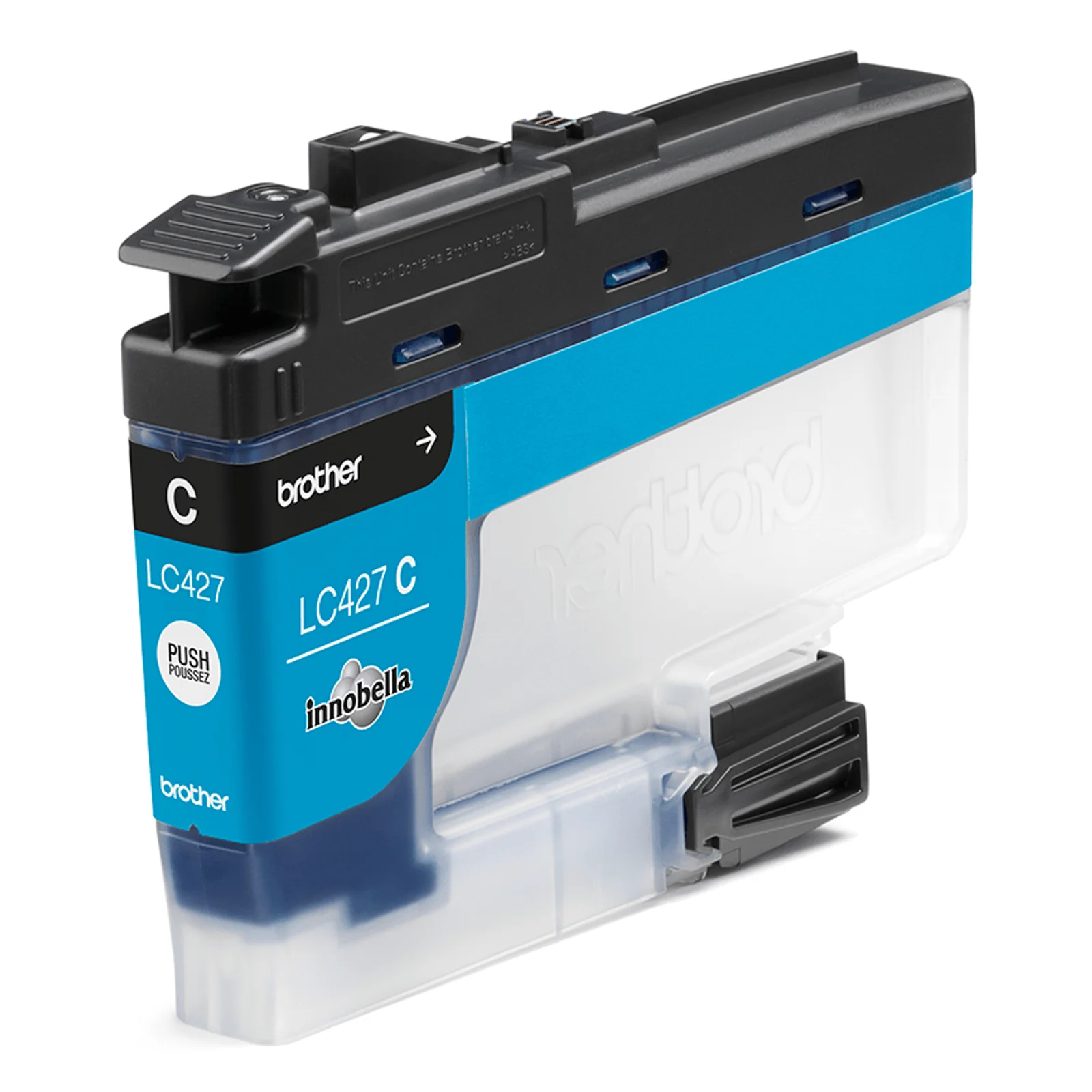 Cartouche d'encre Brother LC427C transparente avec couvercle noir et étiquette cyan visible vue de trois quarts sur fond blanc