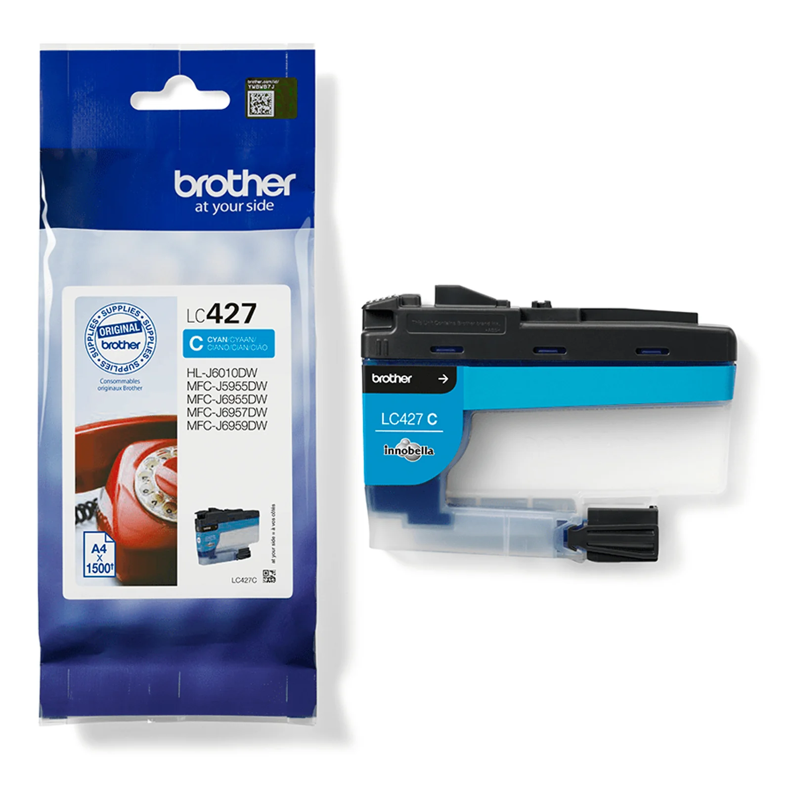 Sachet bleu Brother LC427 et cartouche d'encre cyan Innobella côte à côte sur fond blanc avec liste des imprimantes compatibles