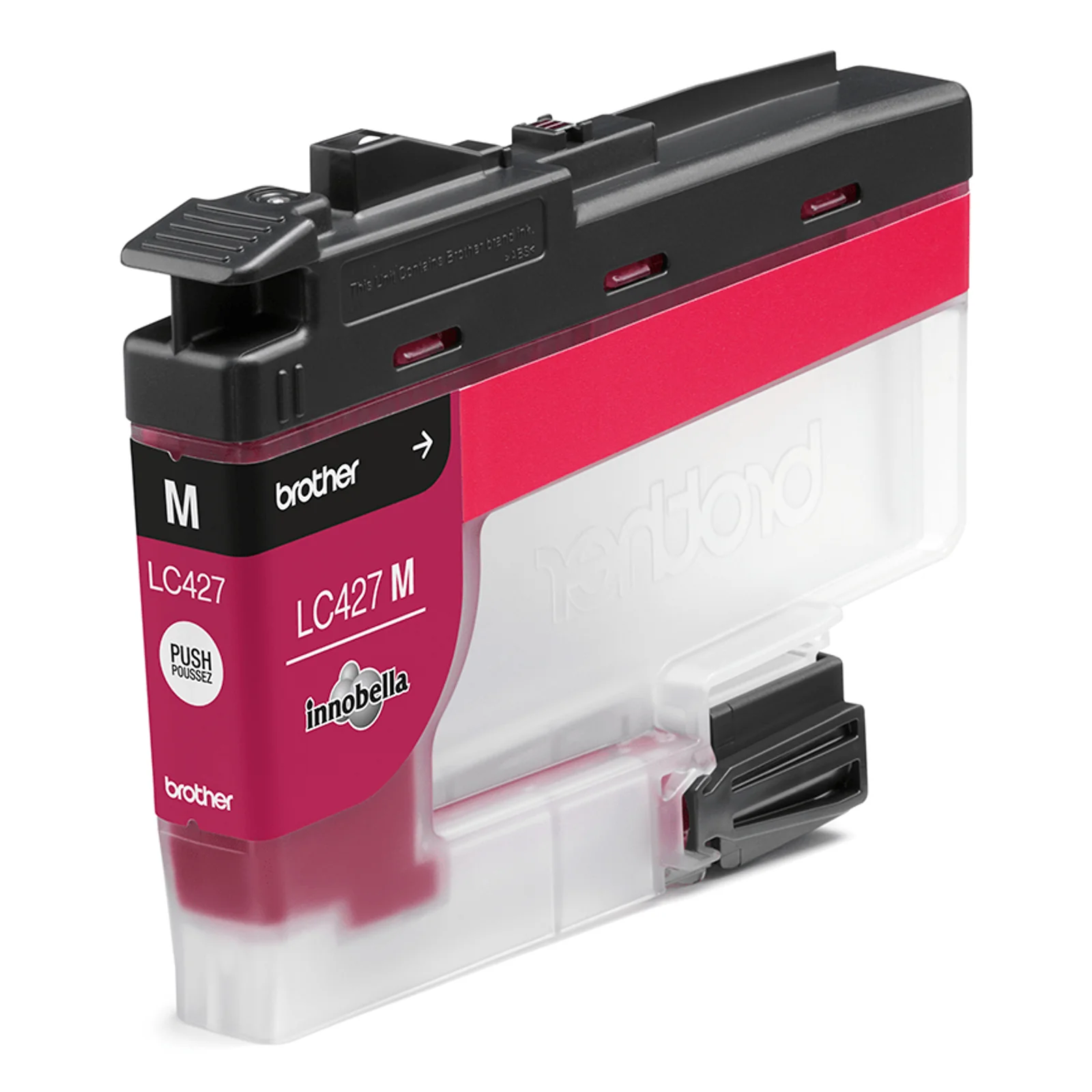 Cartouche d'encre Brother LC427M magenta vue de trois quarts avec corps transparent, étiquette Innobella et logo PUSH violet