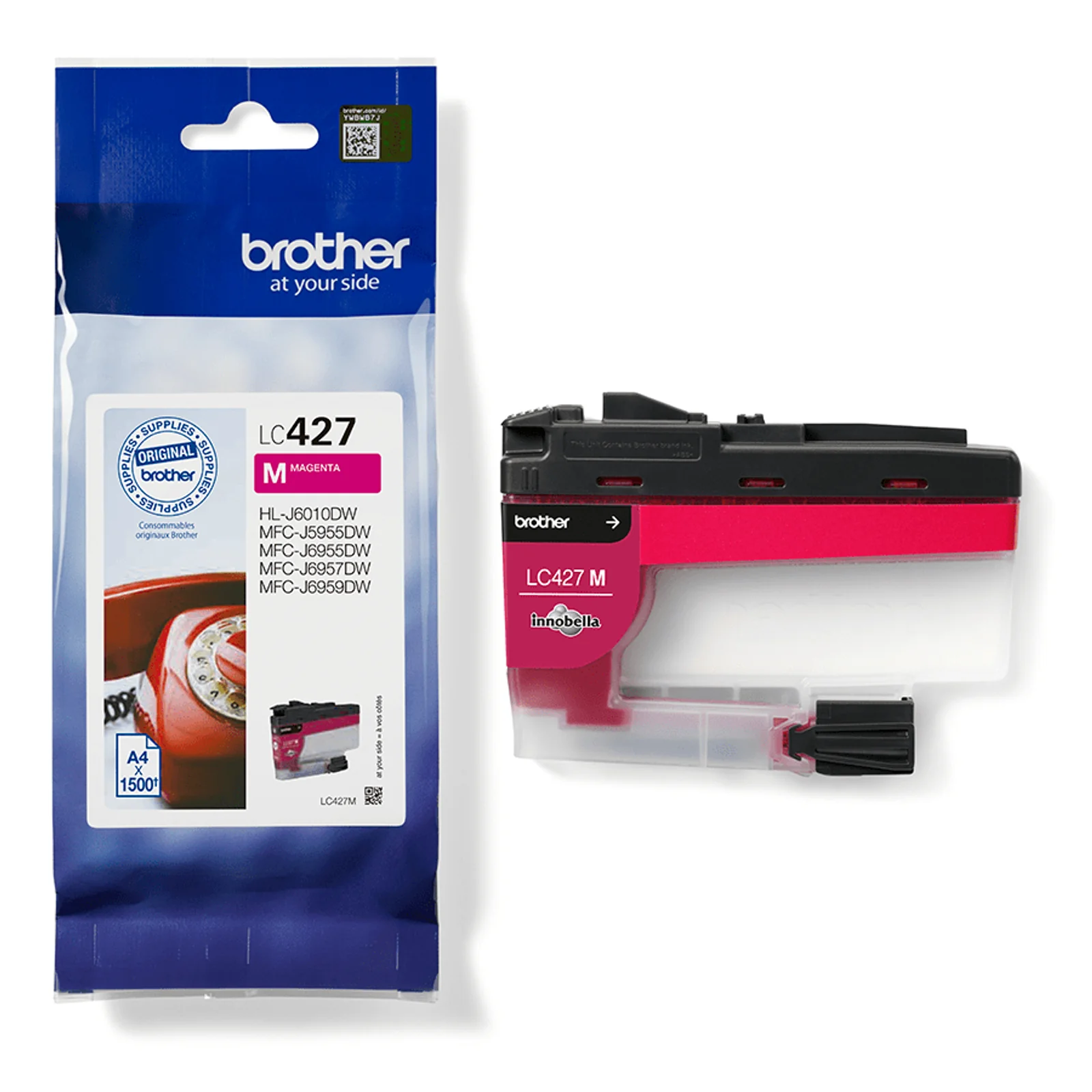 Sachet d'emballage Brother LC427 magenta posé à côté de la cartouche correspondante avec étiquette Innobella visible