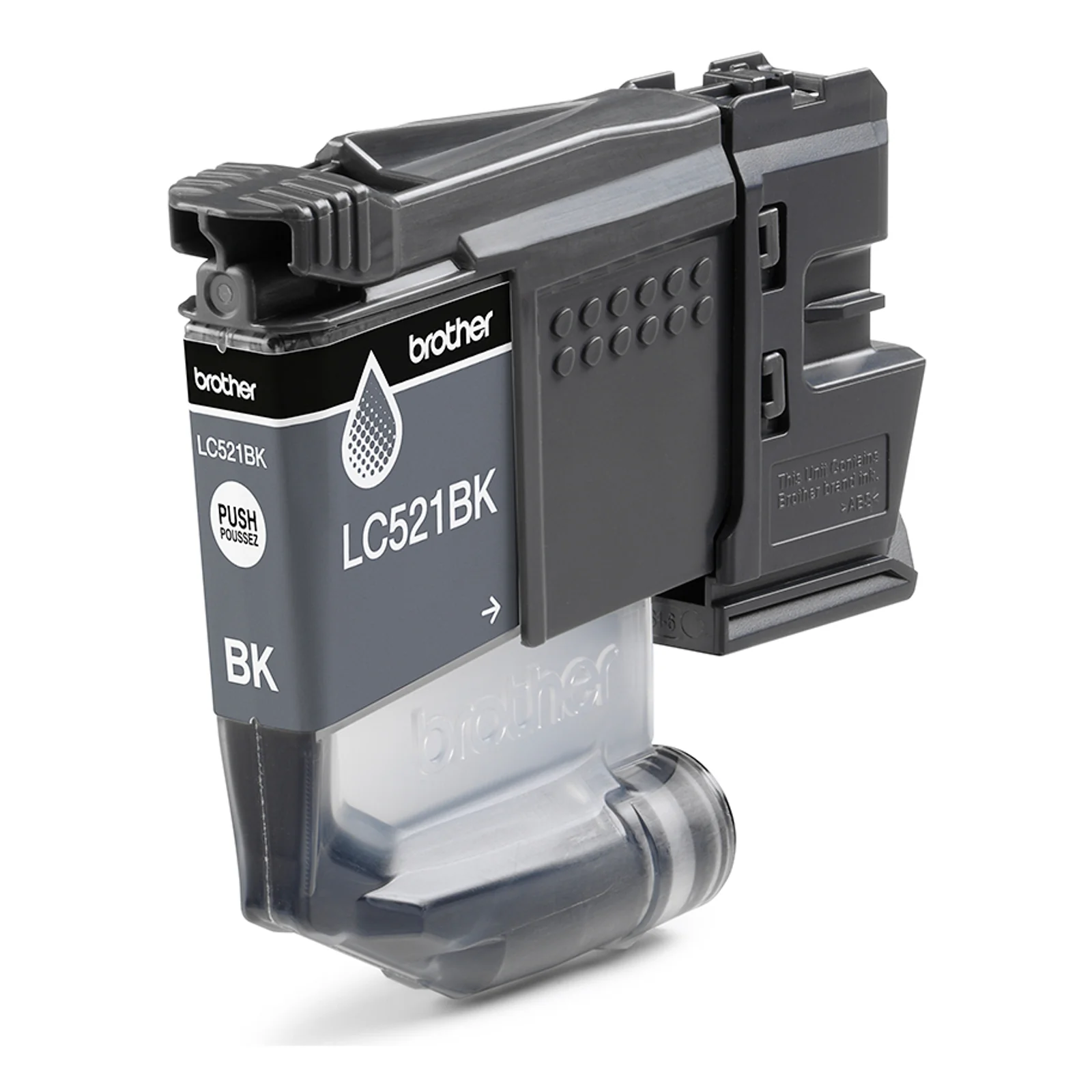 Cartouche Brother LC521BK noire vue de trois quarts avec étiquette latérale et réservoir transparent