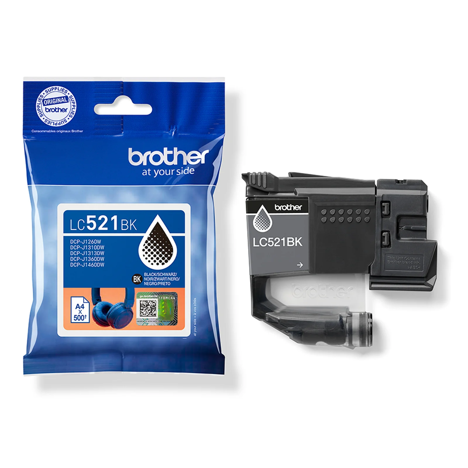 Sachet Brother LC521BK et cartouche noire posés côte à côte sur fond blanc