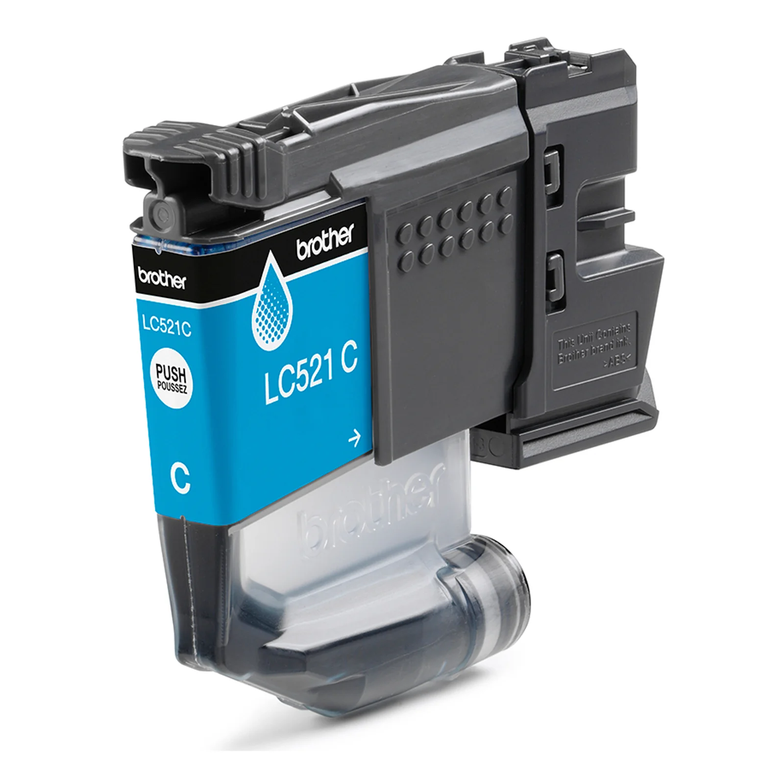 Cartouche Brother LC521C cyan en gros plan avec étiquette PUSH POUSSEZ et logo Brother.
