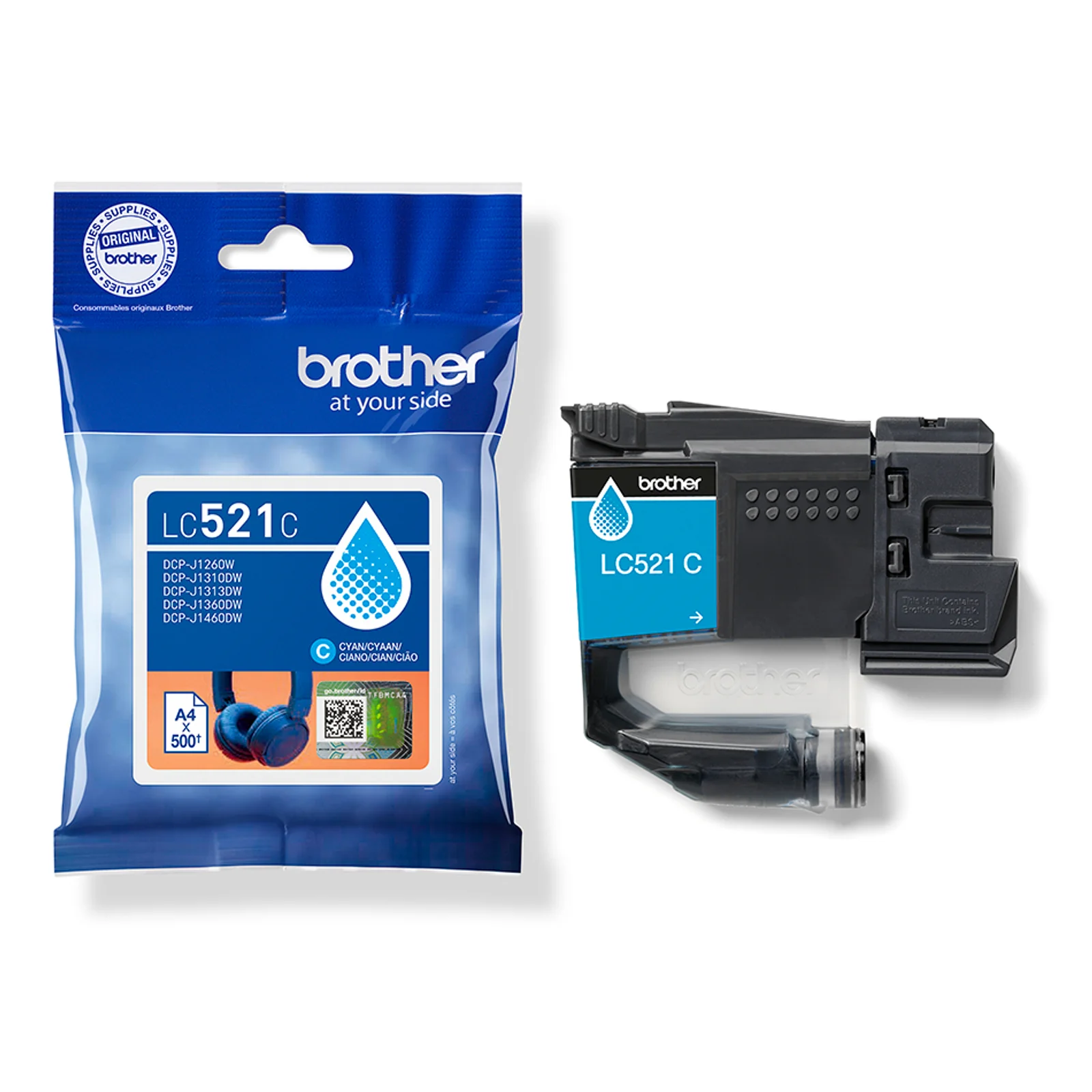 Sachet Brother LC521C et cartouche cyan visible côte à côte sur fond blanc.