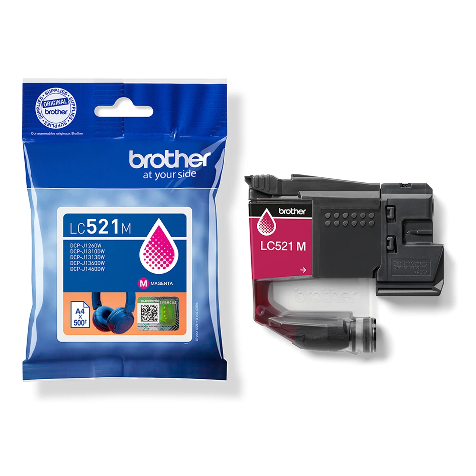 Sachet Brother LC521M à gauche et cartouche magenta sortie de l'emballage à droite, vue de trois quarts
