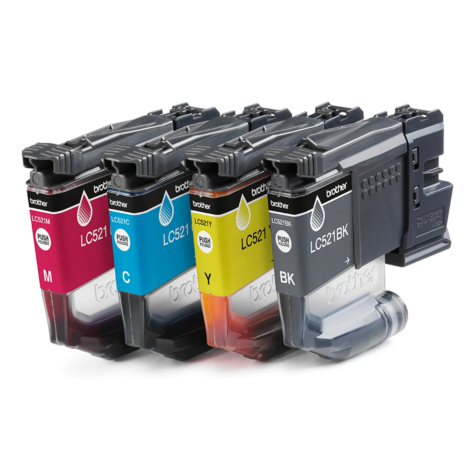 Cartouches Brother LC521 en gros plan sur fond blanc montrant les pastilles de couleur push poussez