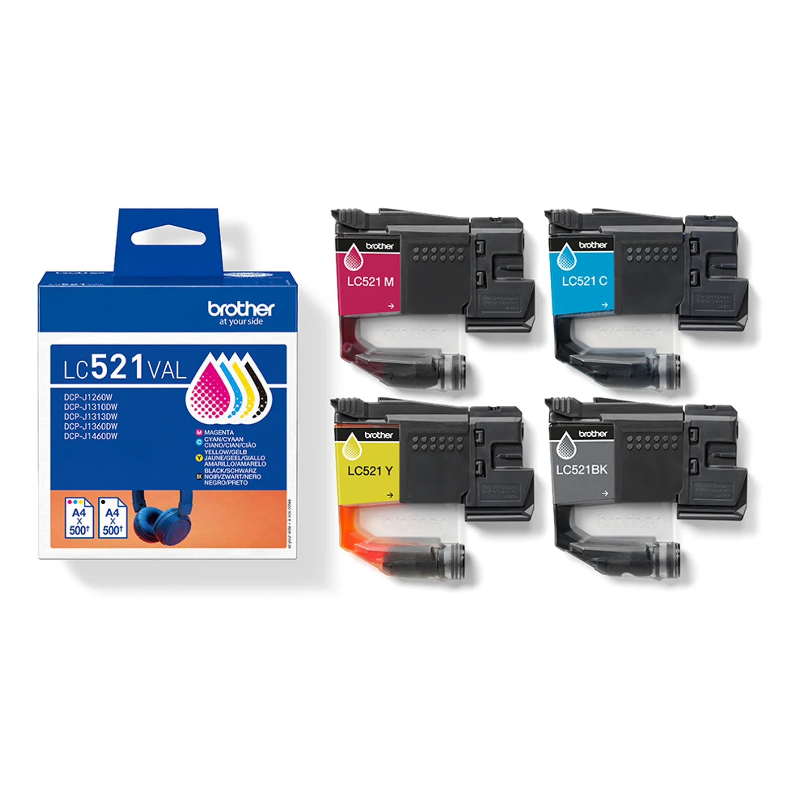 Boîte multipack Brother LC521VAL posée à côté d'une imprimante compacte Brother sur un bureau en bois