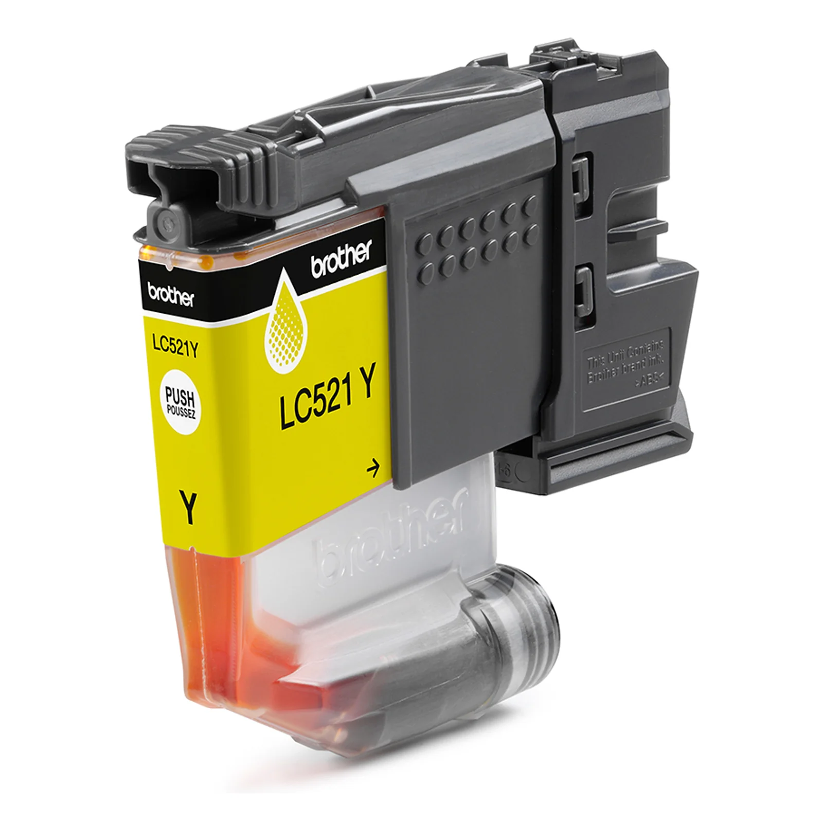 Cartouche Brother LC521Y jaune sortie de son emballage vue de trois quarts avec réservoir transparent