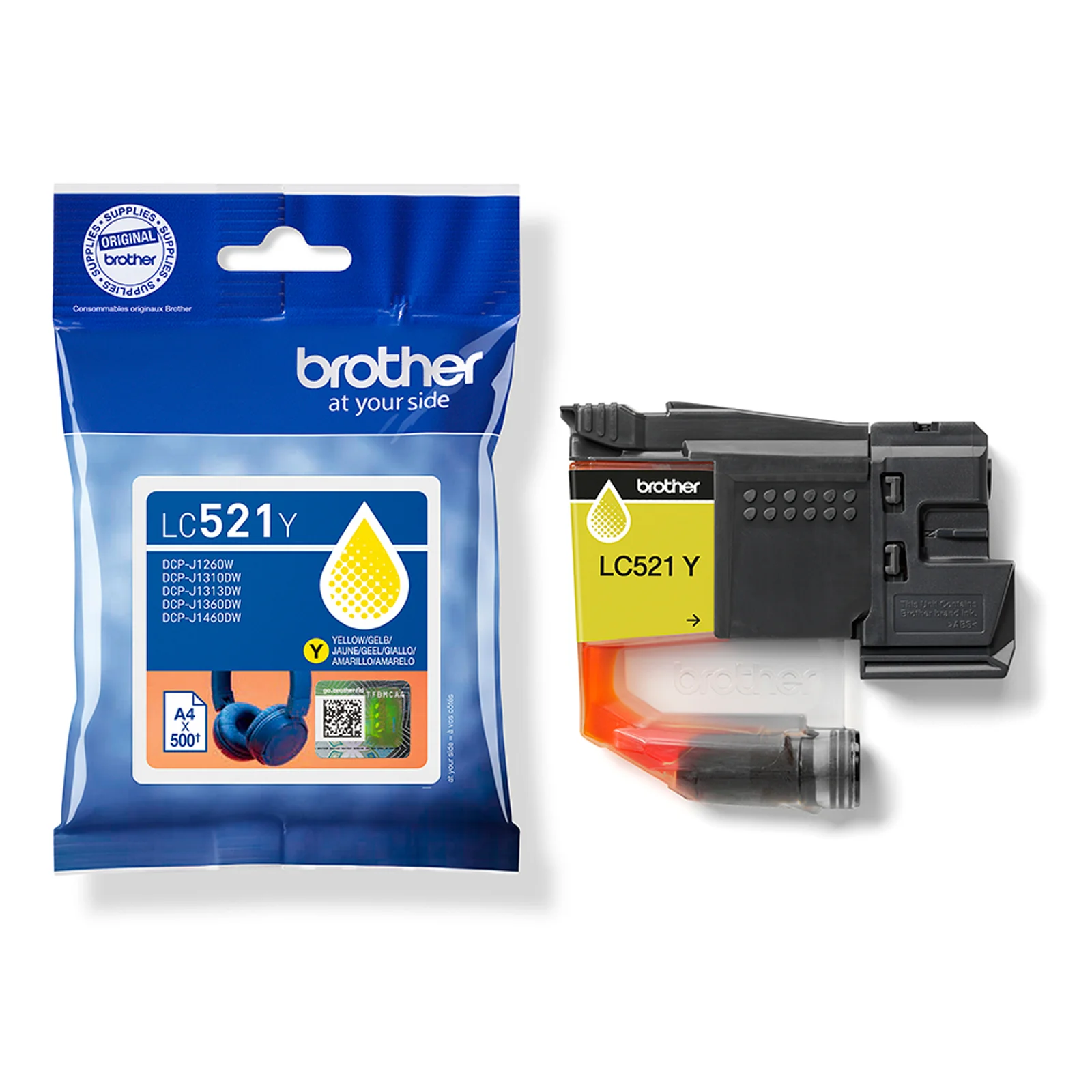 Sachet Brother LC521Y et cartouche jaune posés côte à côte sur fond blanc