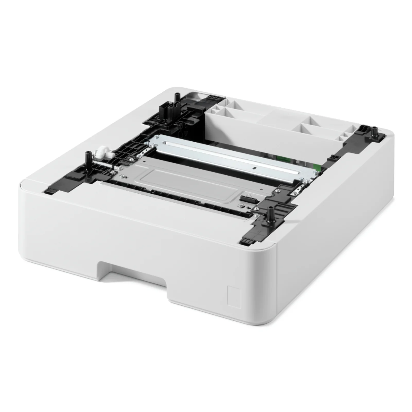 Bac papier Brother LT-350CL vu de trois quarts montrant les guides plastique noirs et la carte verte.