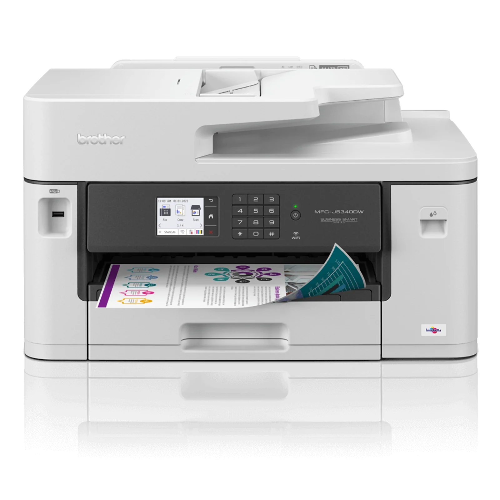 Brother MFC-J5340DW vu de trois quarts droite, façade noire avec écran tactile et clavier visible, port USB sur le flanc