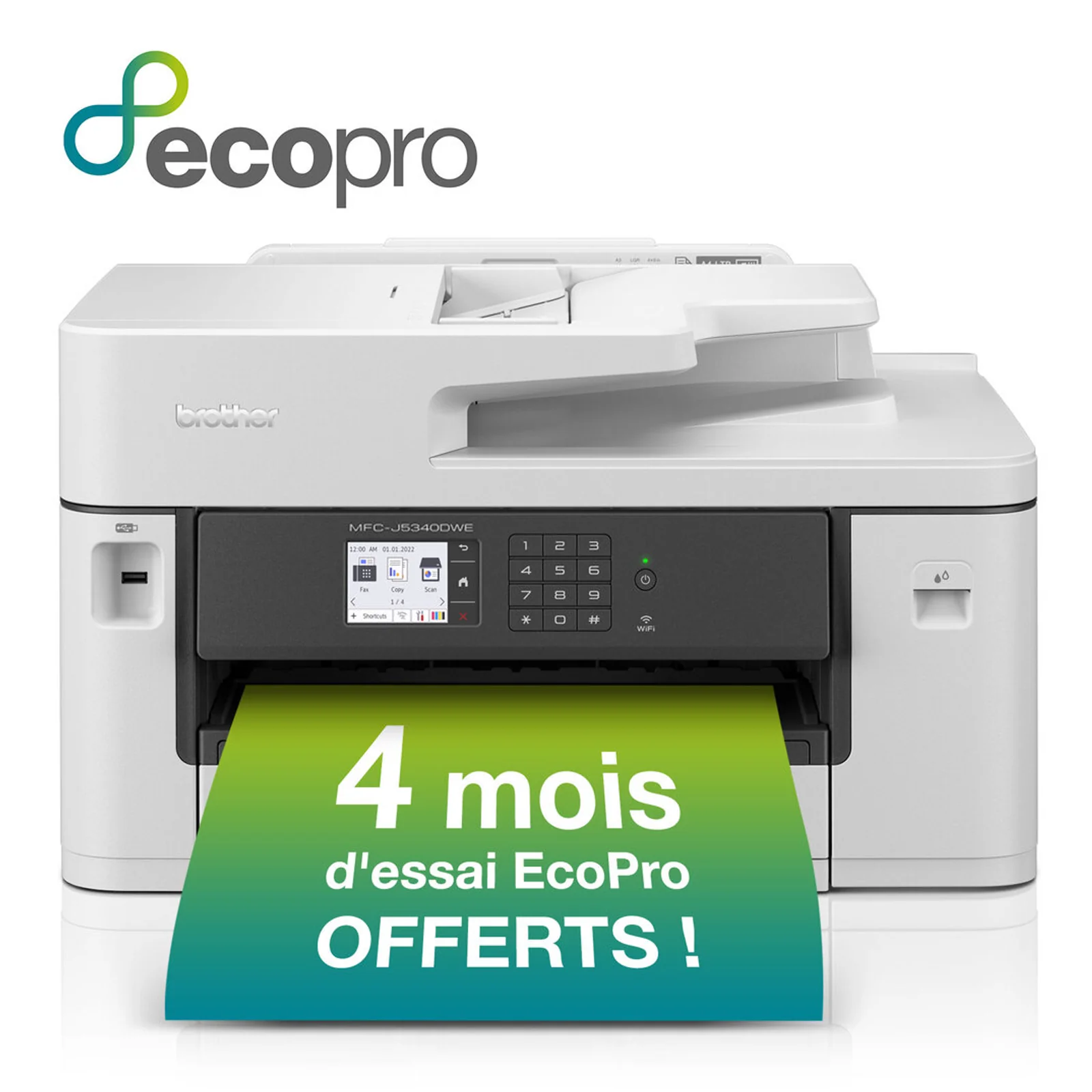 Brother MFC-J5340DWE de face avec mention 4 mois d'essai EcoPro offerts en bandeau vert sortant du bac papier