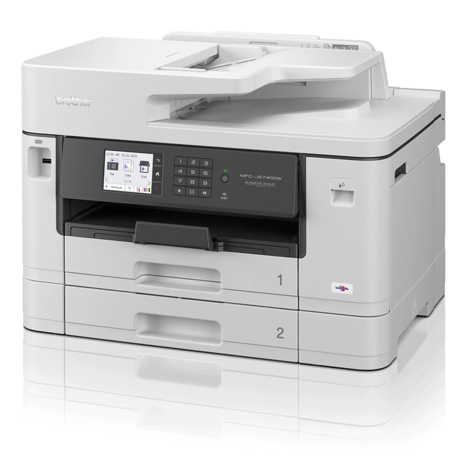 Multifonction Brother MFC-J5740DW vu de trois quarts montrant le bandeau de commande noir, l'écran couleur et les deux bacs numérotés 1 et 2
