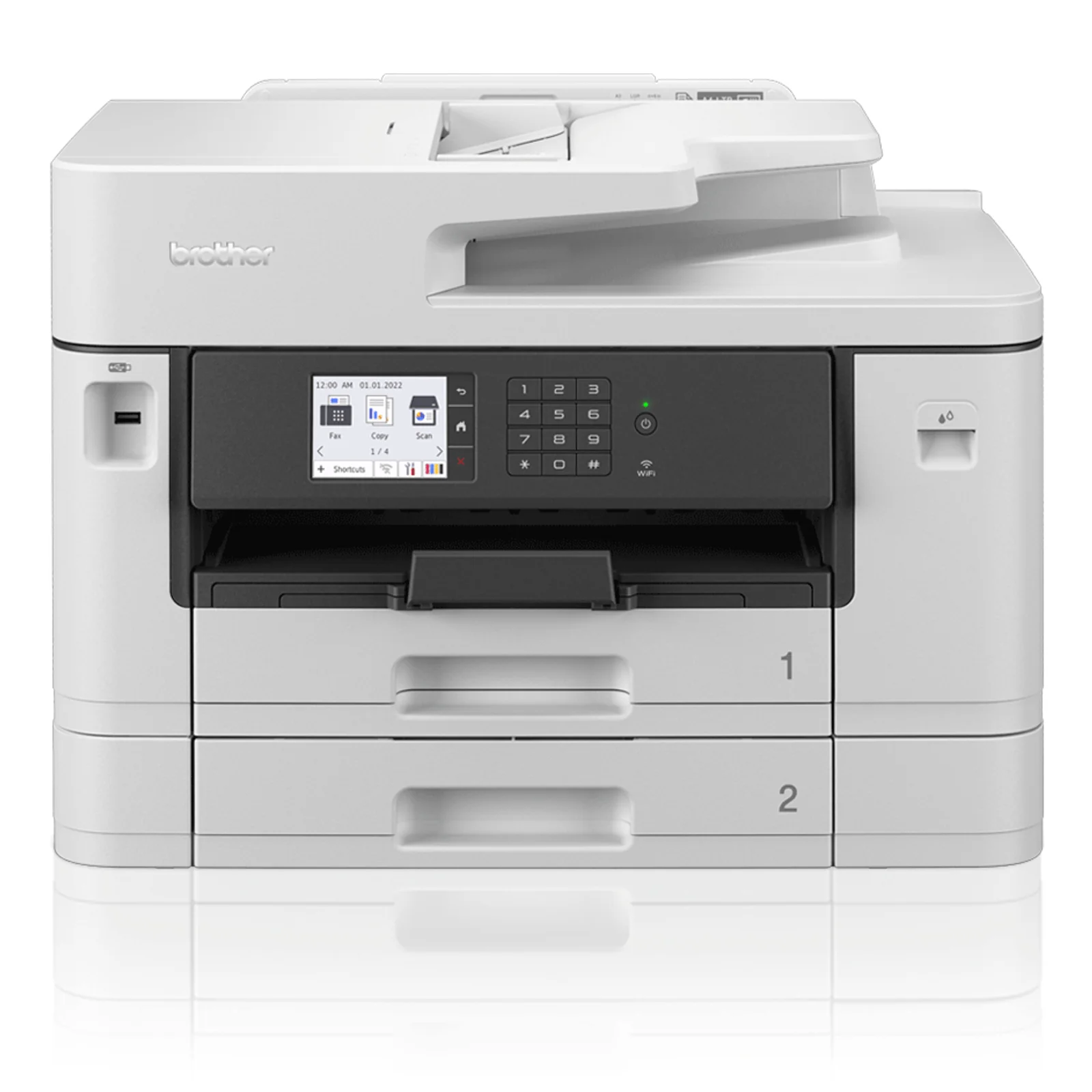 Multifonction Brother MFC-J5740DW de face en gros plan sur le bandeau noir avec écran tactile, clavier numérique et bac de sortie déployé