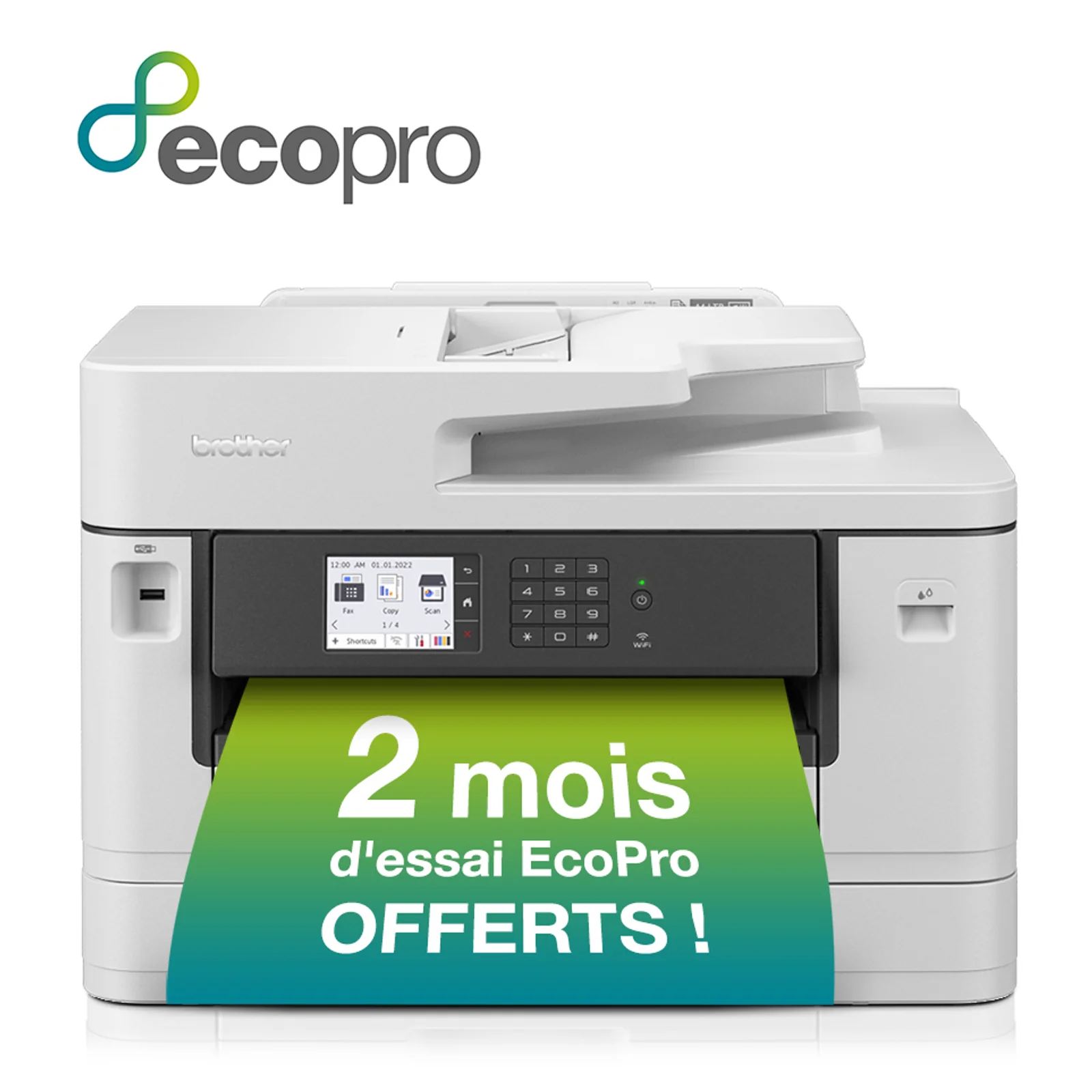 Multifonction Brother MFC-J5740DW avec bandeau promotionnel vert ecopro 2 mois d'essai offerts en sortie de l'imprimante