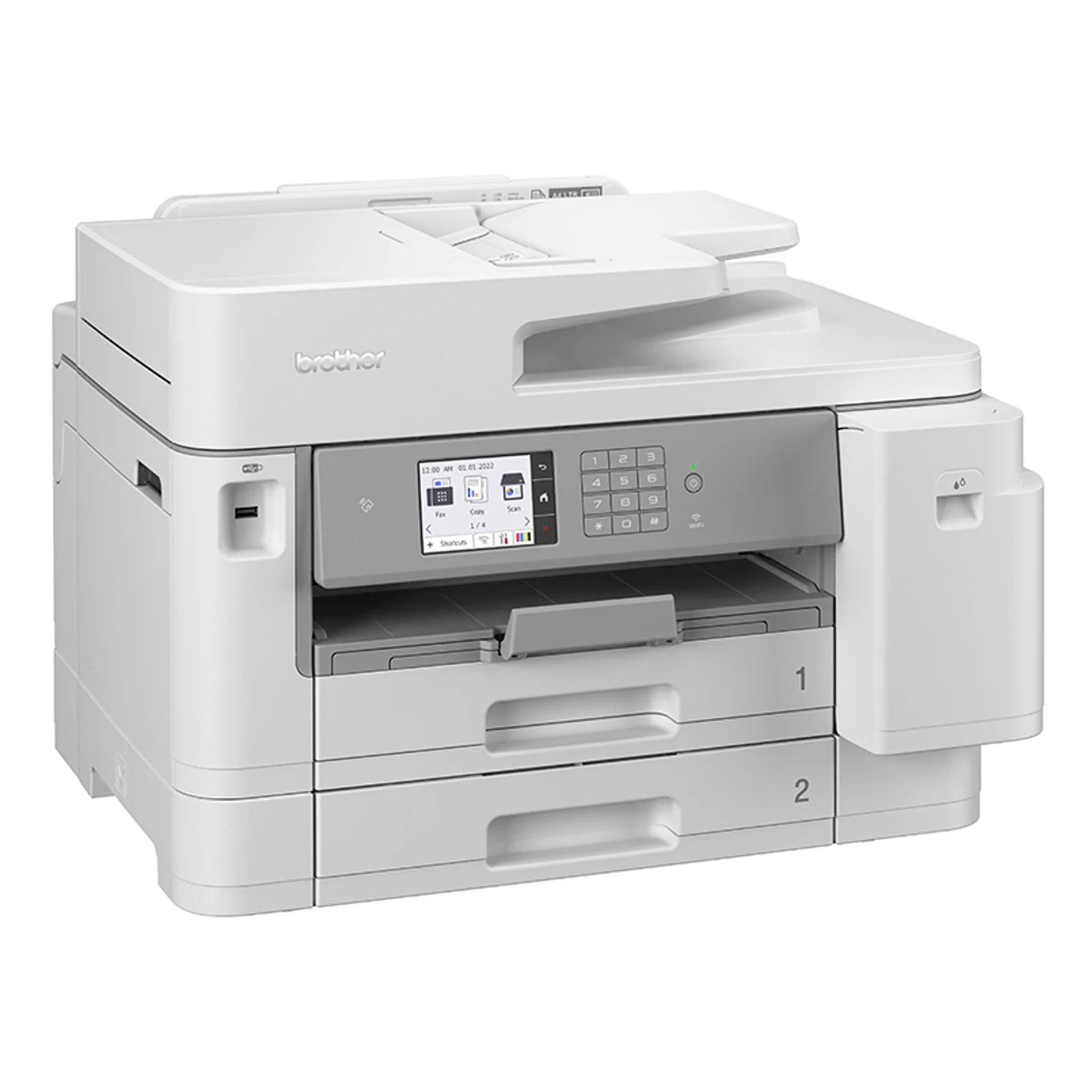 Brother MFC-J5955DW vu en perspective trois-quarts, façade grise avec pavé numérique, écran tactile et bacs papier blancs