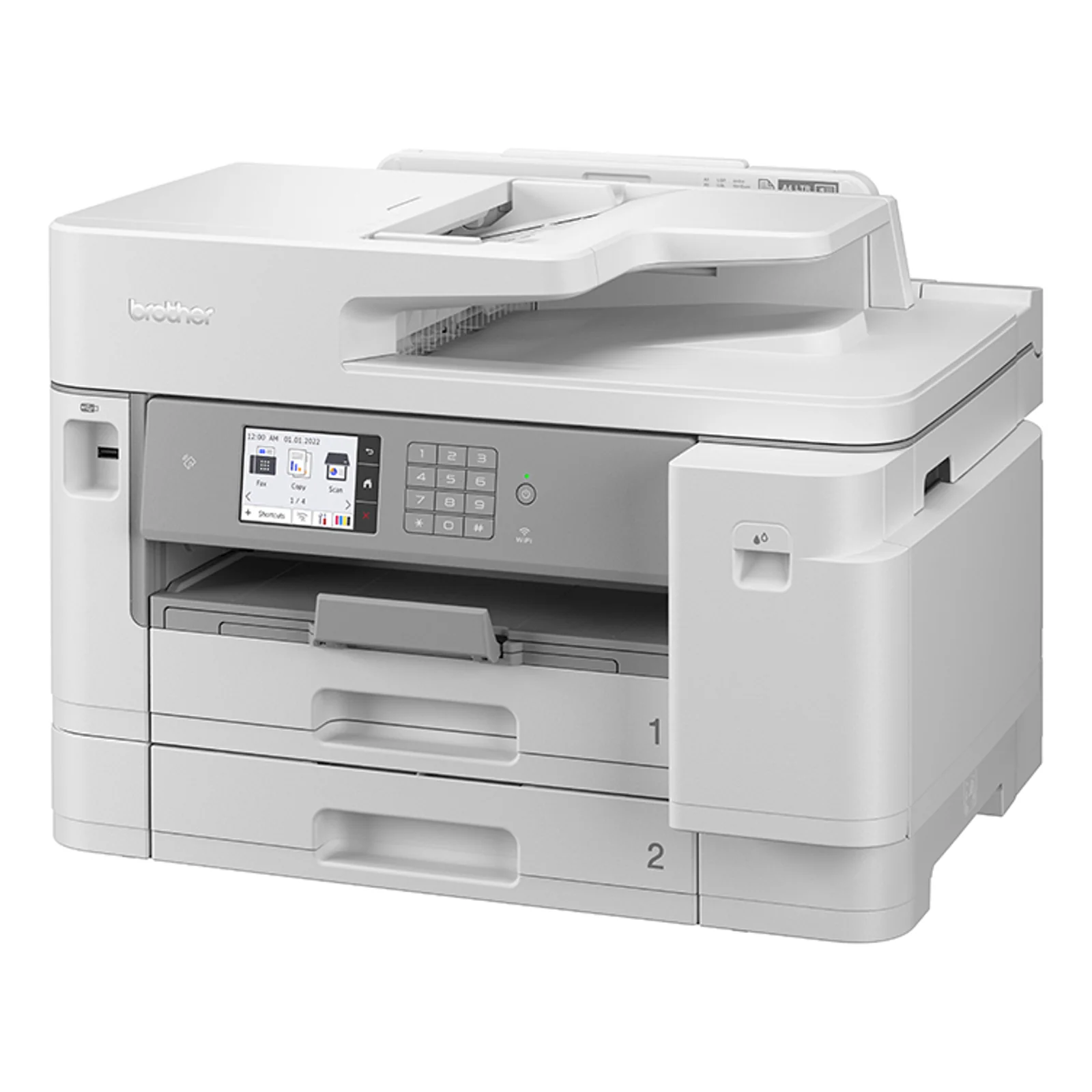 Brother MFC-J5955DW vu en angle, chargeur automatique de documents fermé sur le dessus et bacs A3 visibles à l'avant