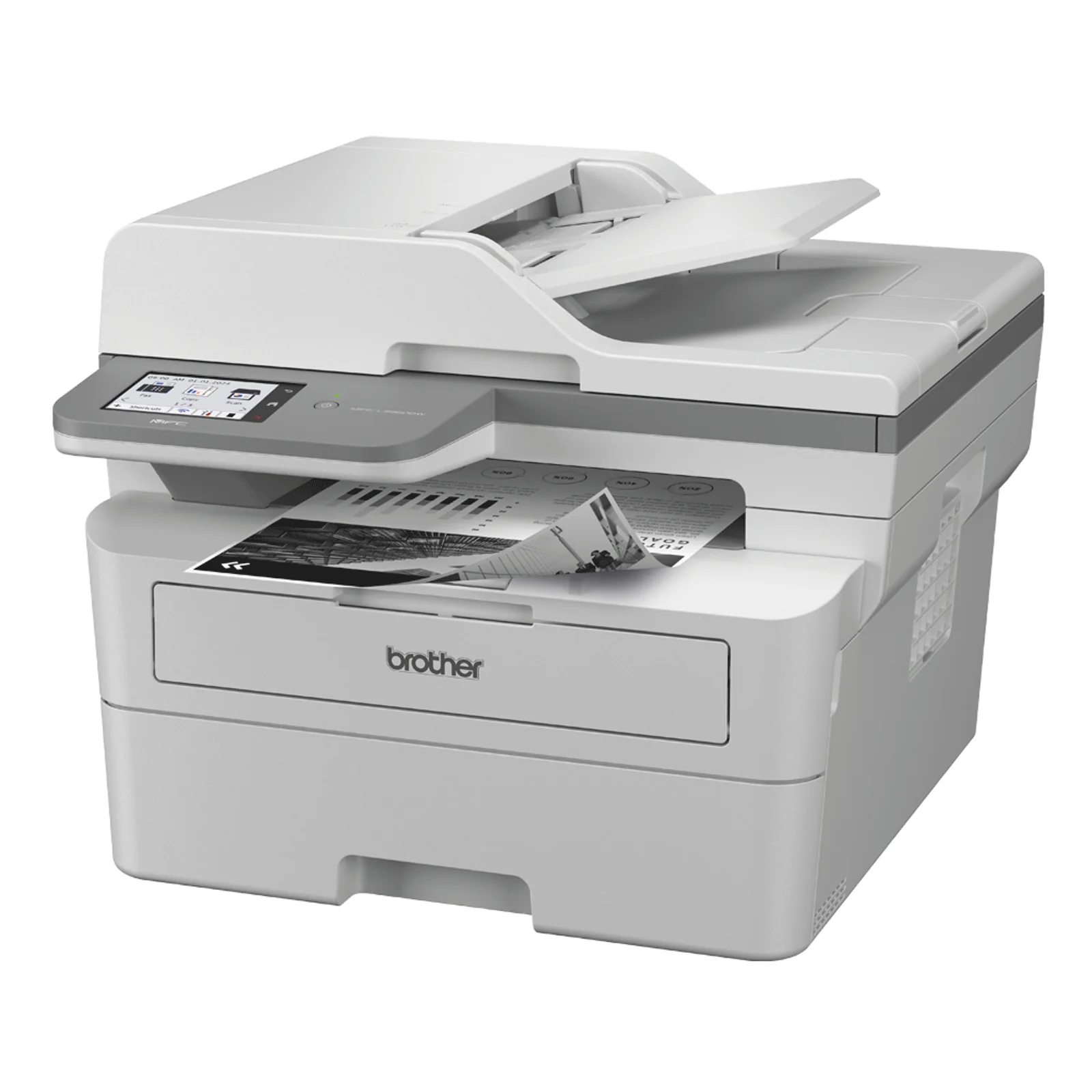 Vue trois quarts du Brother MFC-L2960DW avec ADF supérieur, écran tactile éclairé et page imprimée roulant en sortie