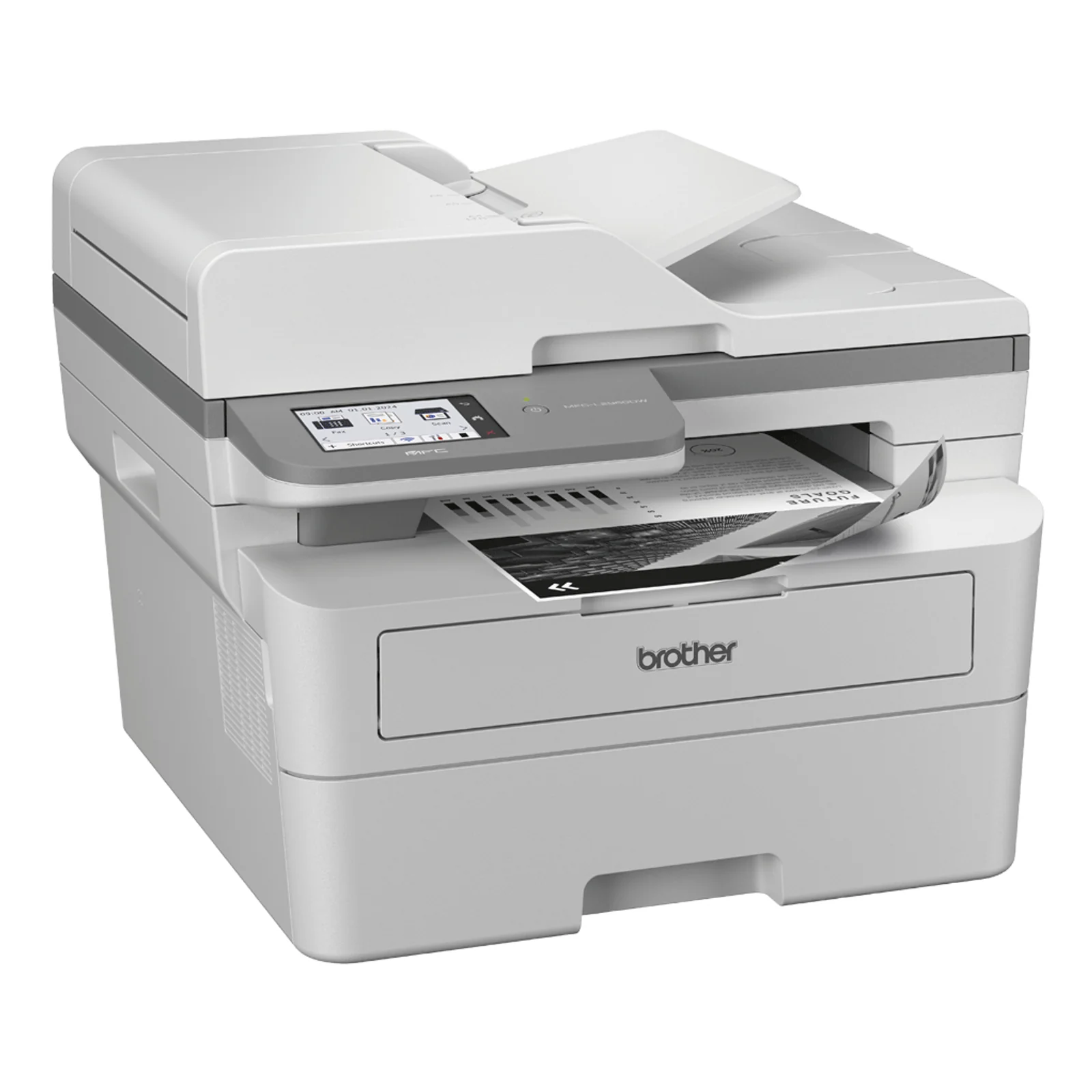 Vue trois quarts opposée du MFC-L2960DW montrant le bac papier inférieur, le scanner à plat et la sortie papier