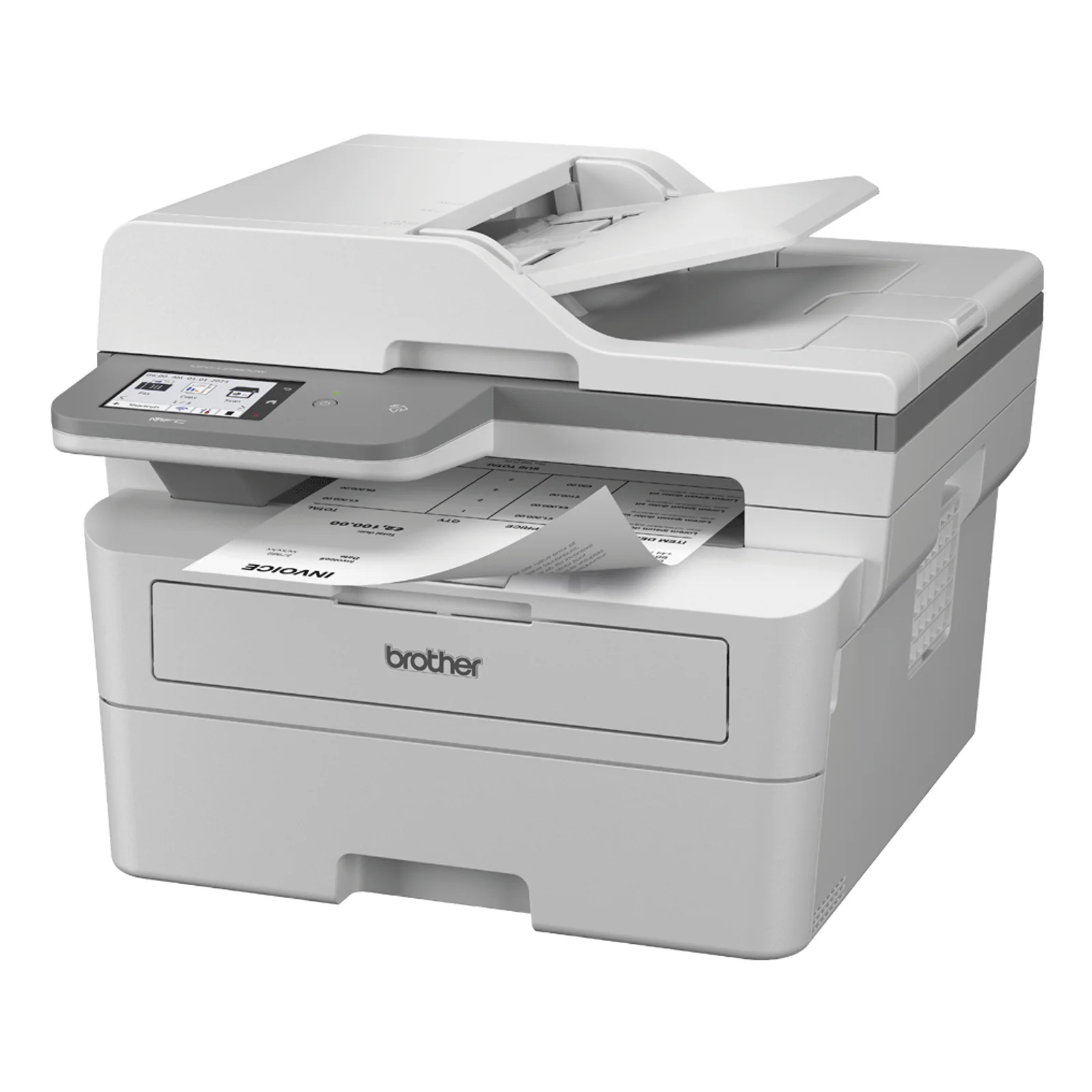 Multifonction MFC-L2980DW vu de trois quarts avec chargeur automatique de documents, écran tactile et facture imprimée en sortie