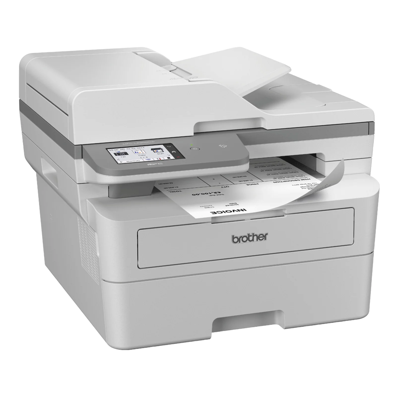 Multifonction MFC-L2980DW vu de trois quarts avec chargeur ADF fermé et facture imprimée déposée dans le bac de sortie supérieur