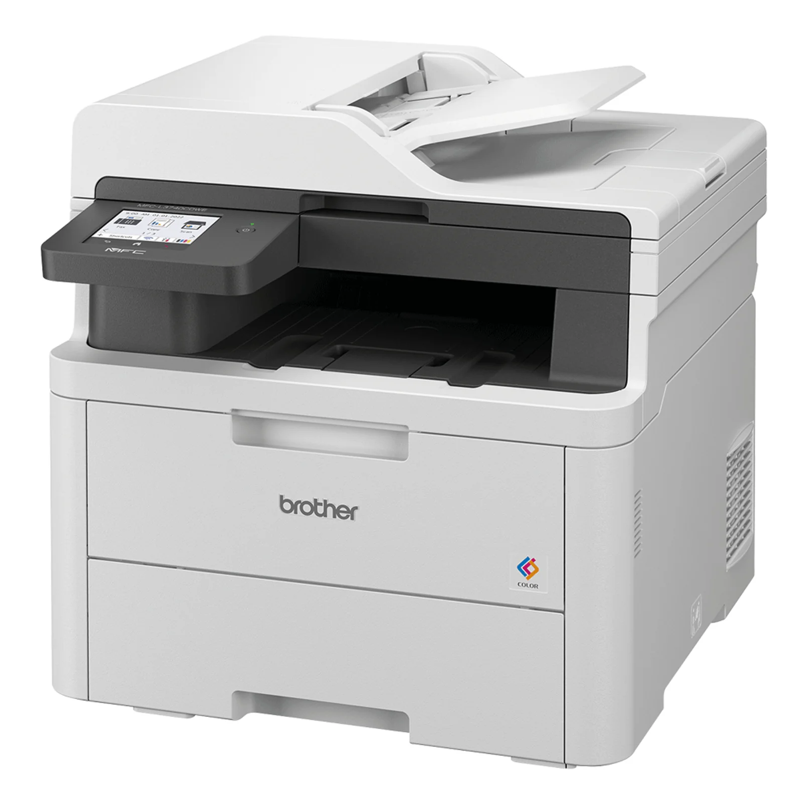 Vue trois quarts du multifonction Brother MFC-L3740CDWE blanc avec chargeur ADF visible et logo Color sur la façade