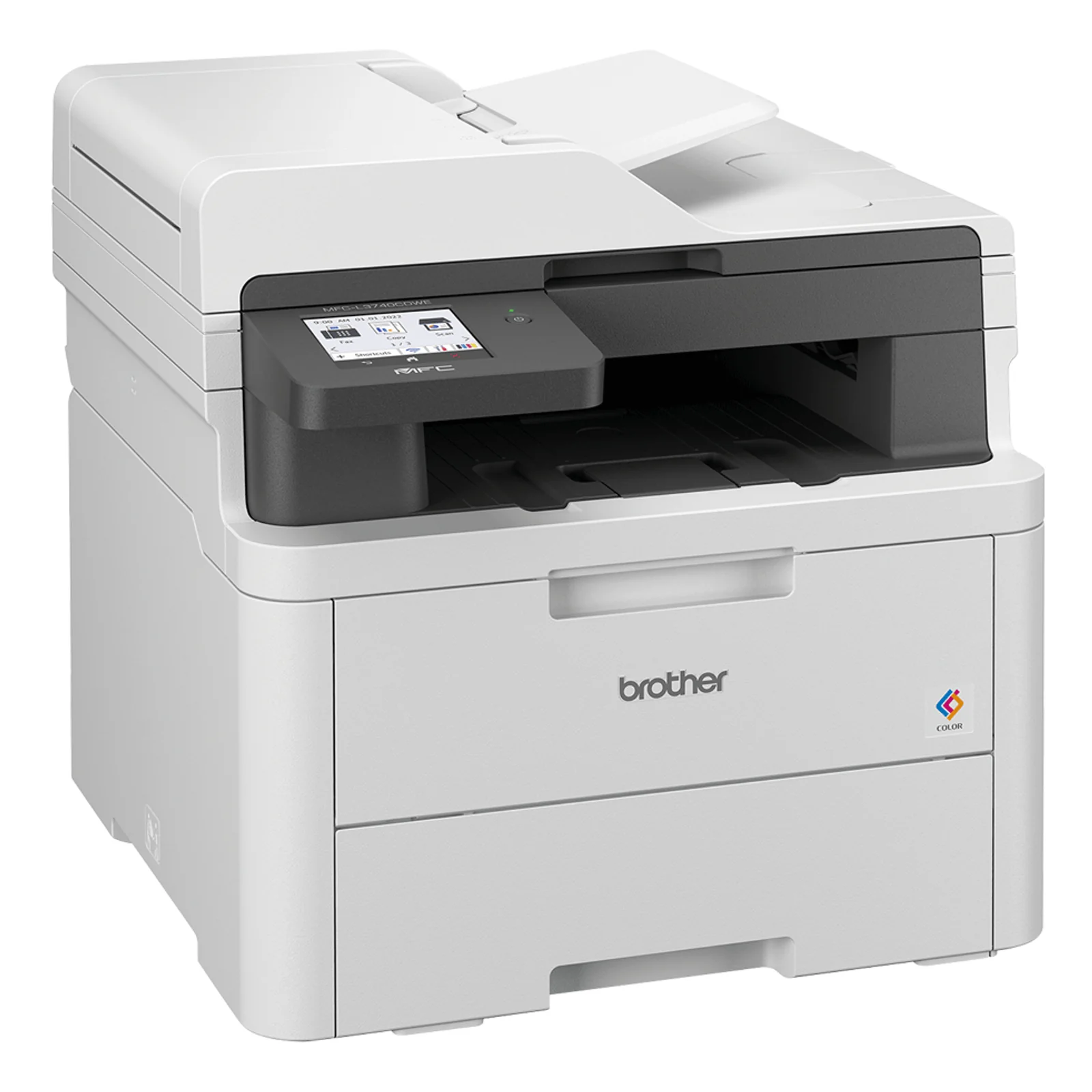 Vue trois quarts du Brother MFC-L3740CDWE avec écran tactile noir affichant les fonctions Fax, Copy et Scan