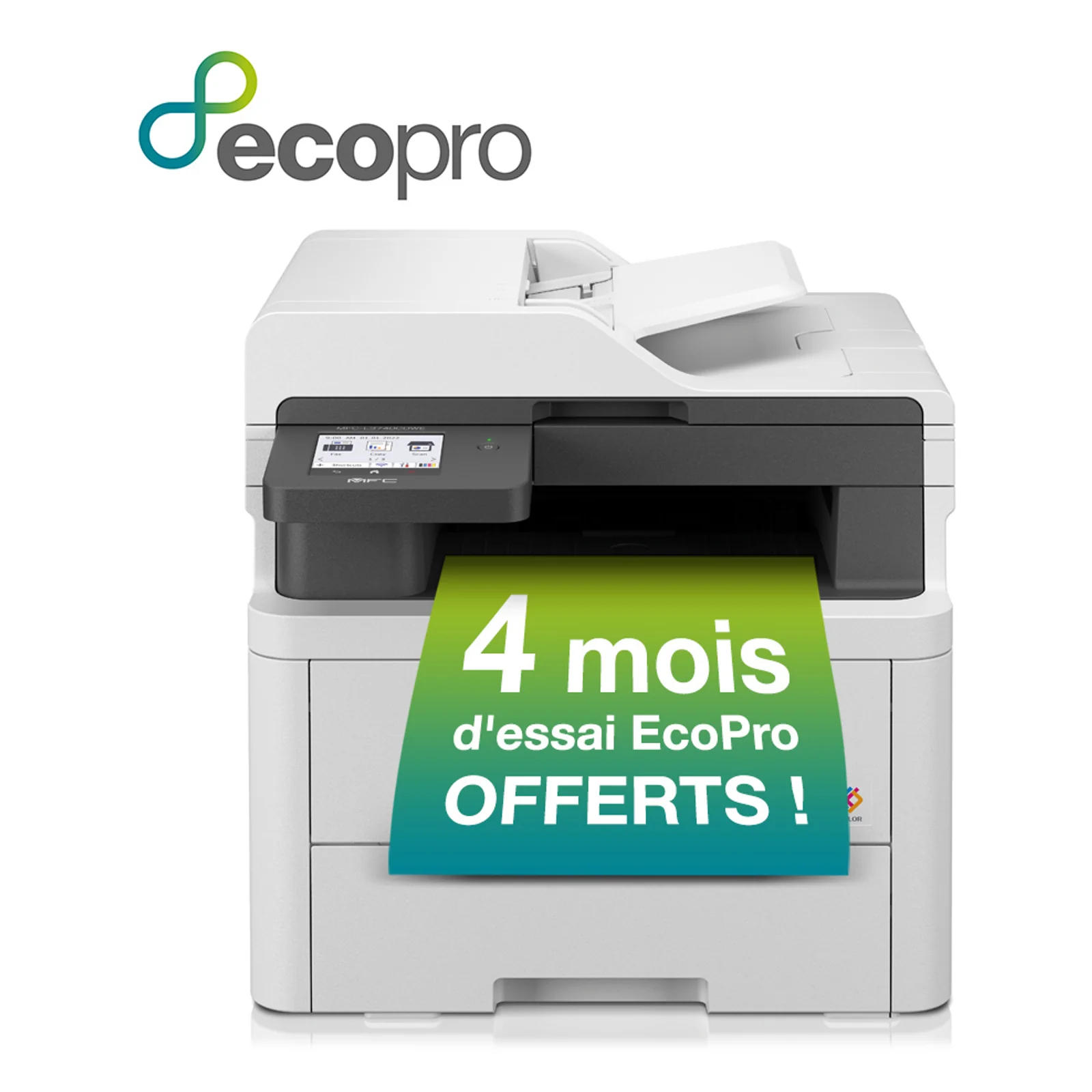 Visuel promotionnel du Brother MFC-L3740CDWE avec bandeau vert annonçant 4 mois d'essai EcoPro offerts