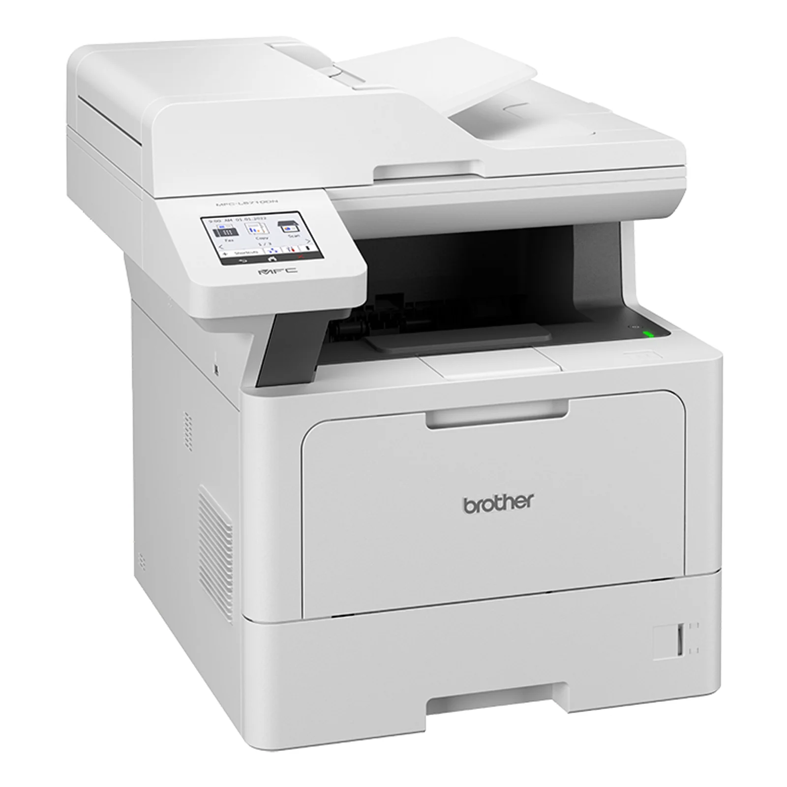 Brother MFC-L5710DN en perspective gauche, sortie papier ouverte et écran tactile allumé