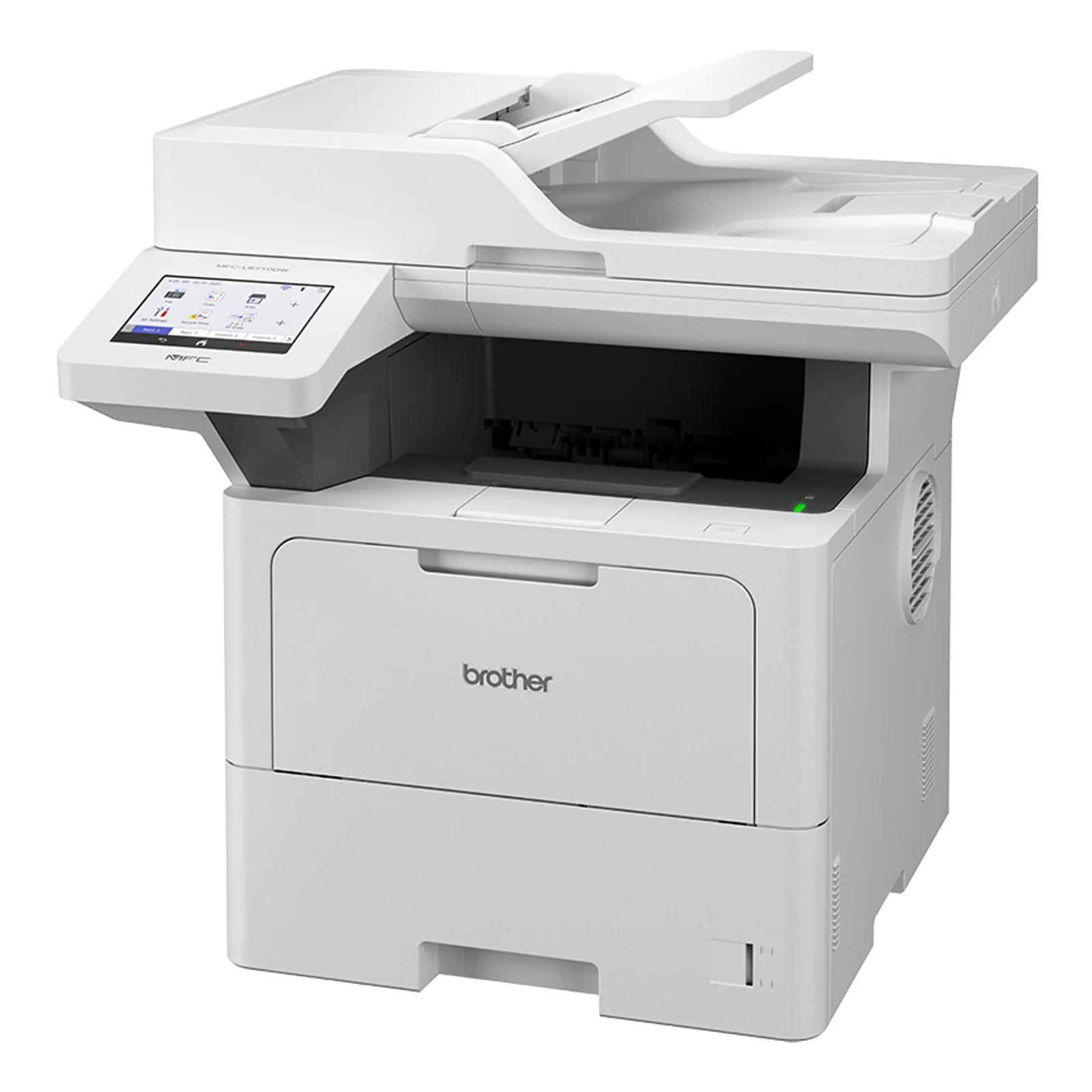 Brother MFC-L6710DW vue de trois quarts avec scanner ADF fermé, écran tactile couleur incliné et bac papier inférieur visible