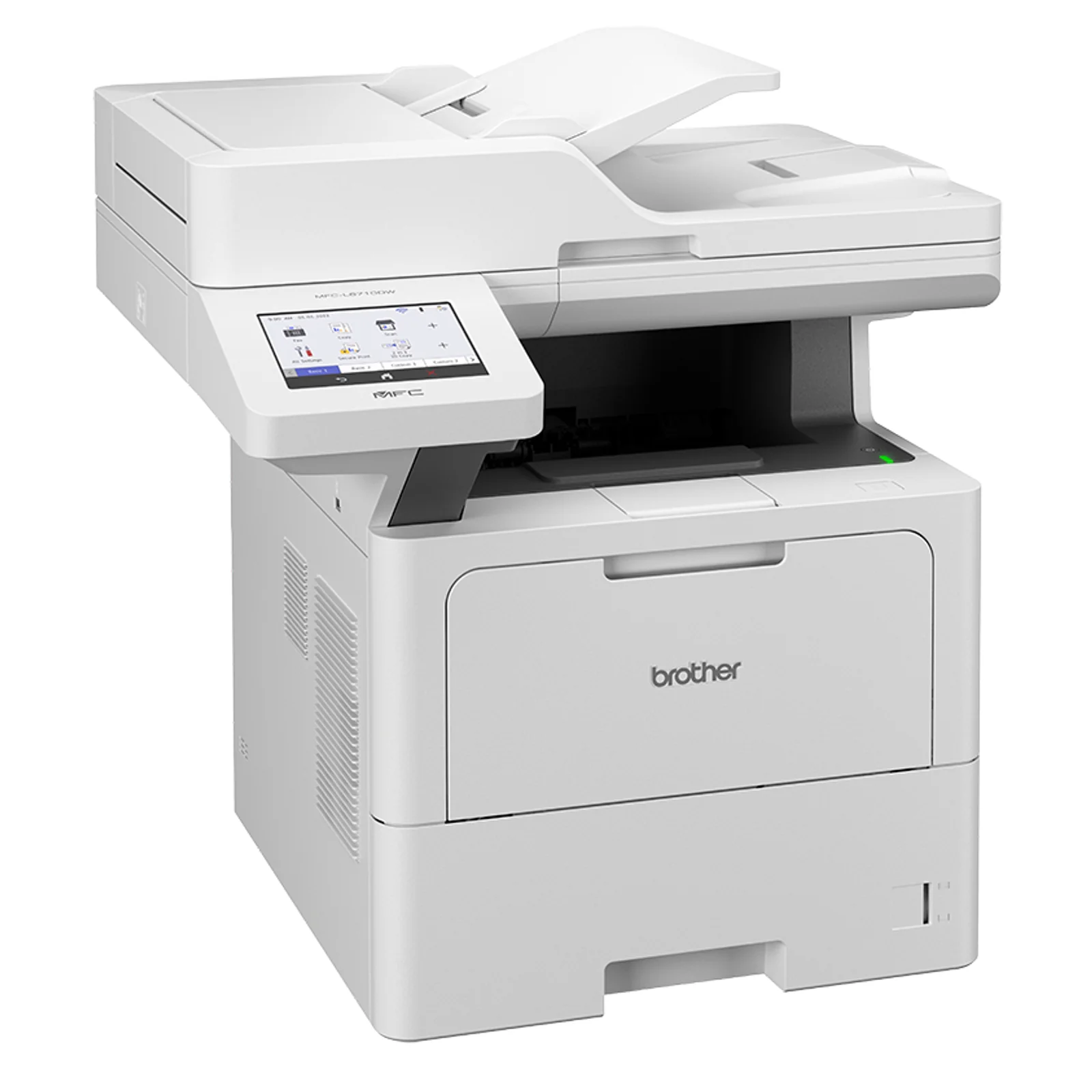 Vue trois quarts du Brother MFC-L6710DW blanc avec capot avant entrouvert montrant la zone de chargement du toner