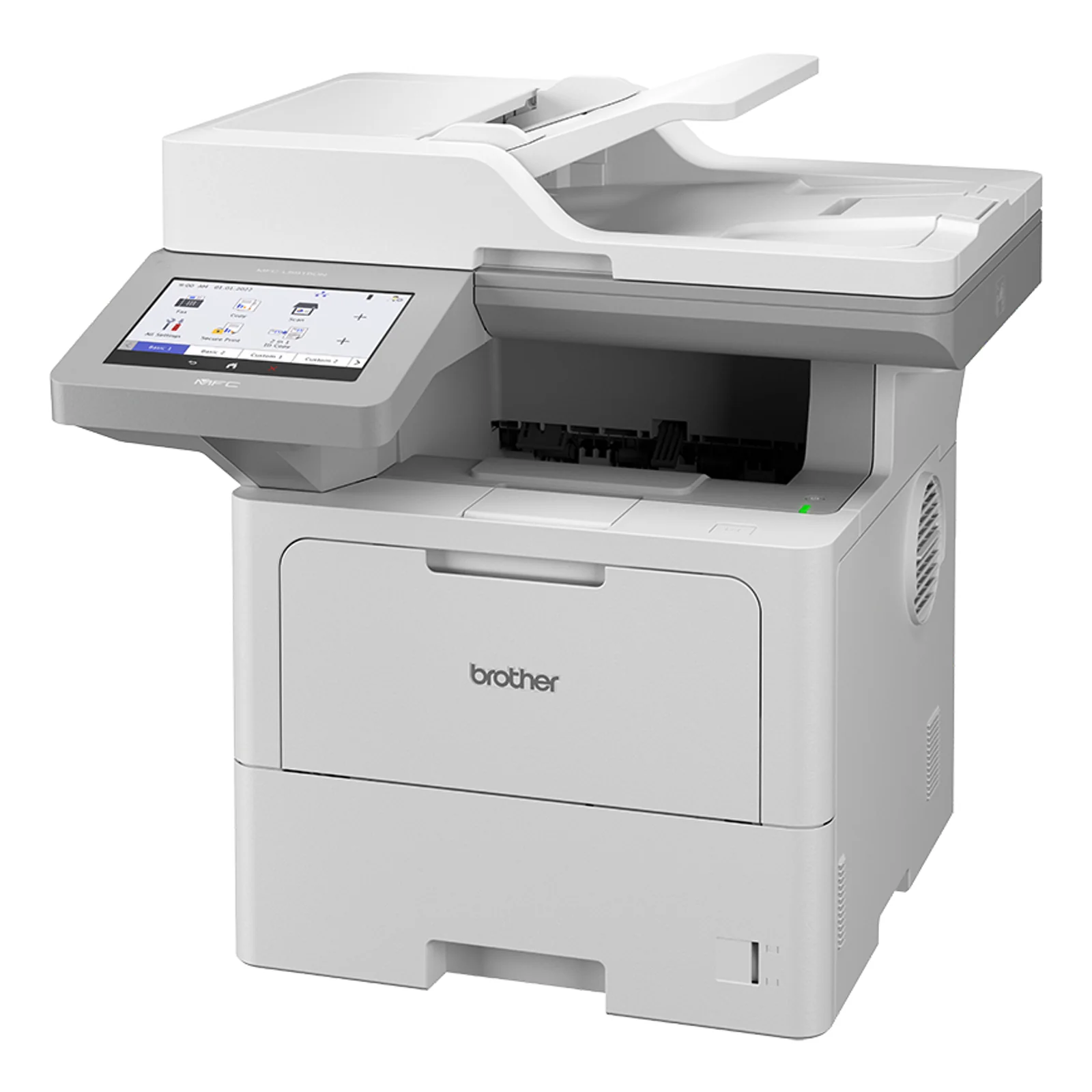 Vue de trois quarts du Brother MFC-L6910DN avec chargeur automatique relevé et écran tactile couleur affiché