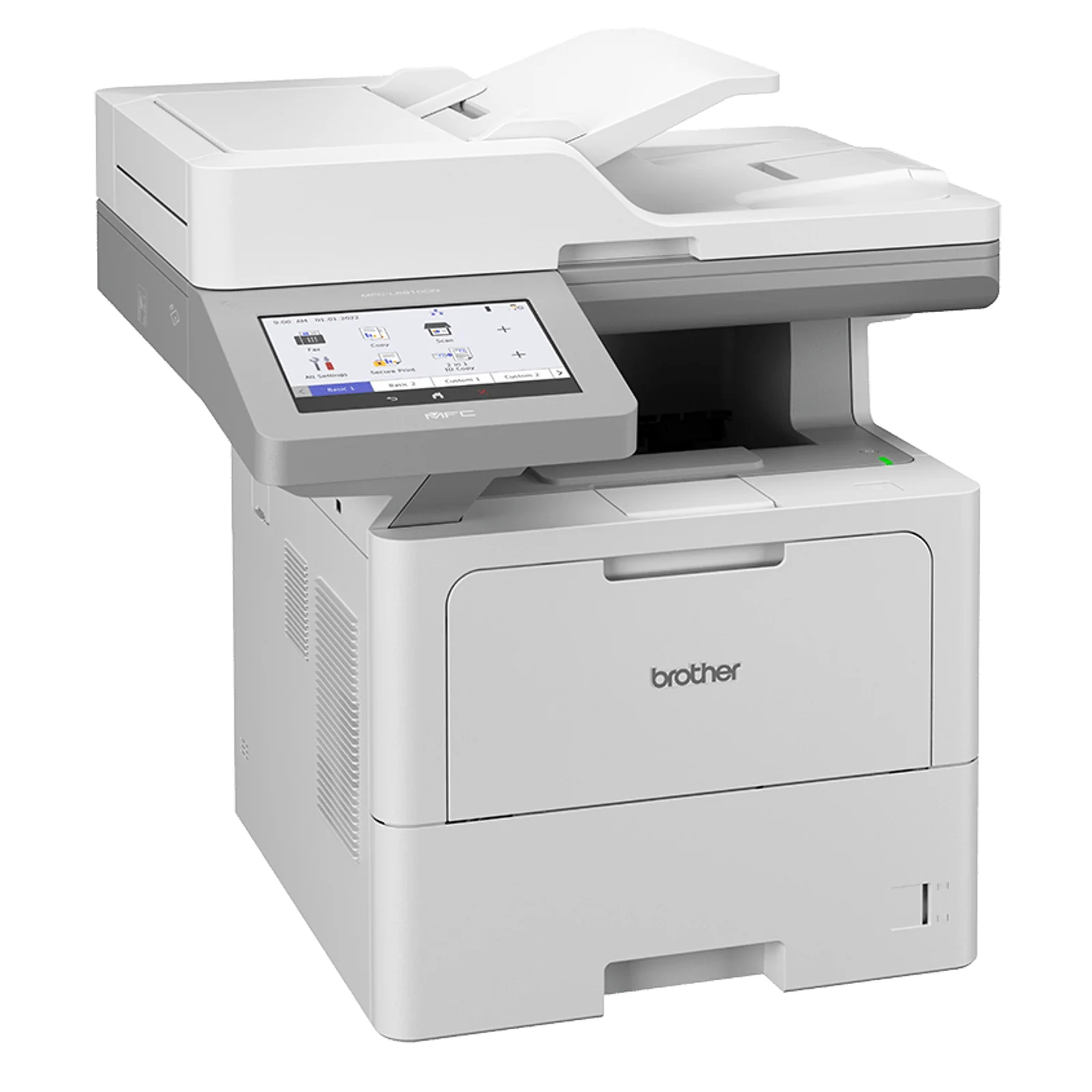 Multifonction laser Brother MFC-L6910DN vu de trois quarts avec bac papier inférieur fermé et panneau de commande tactile